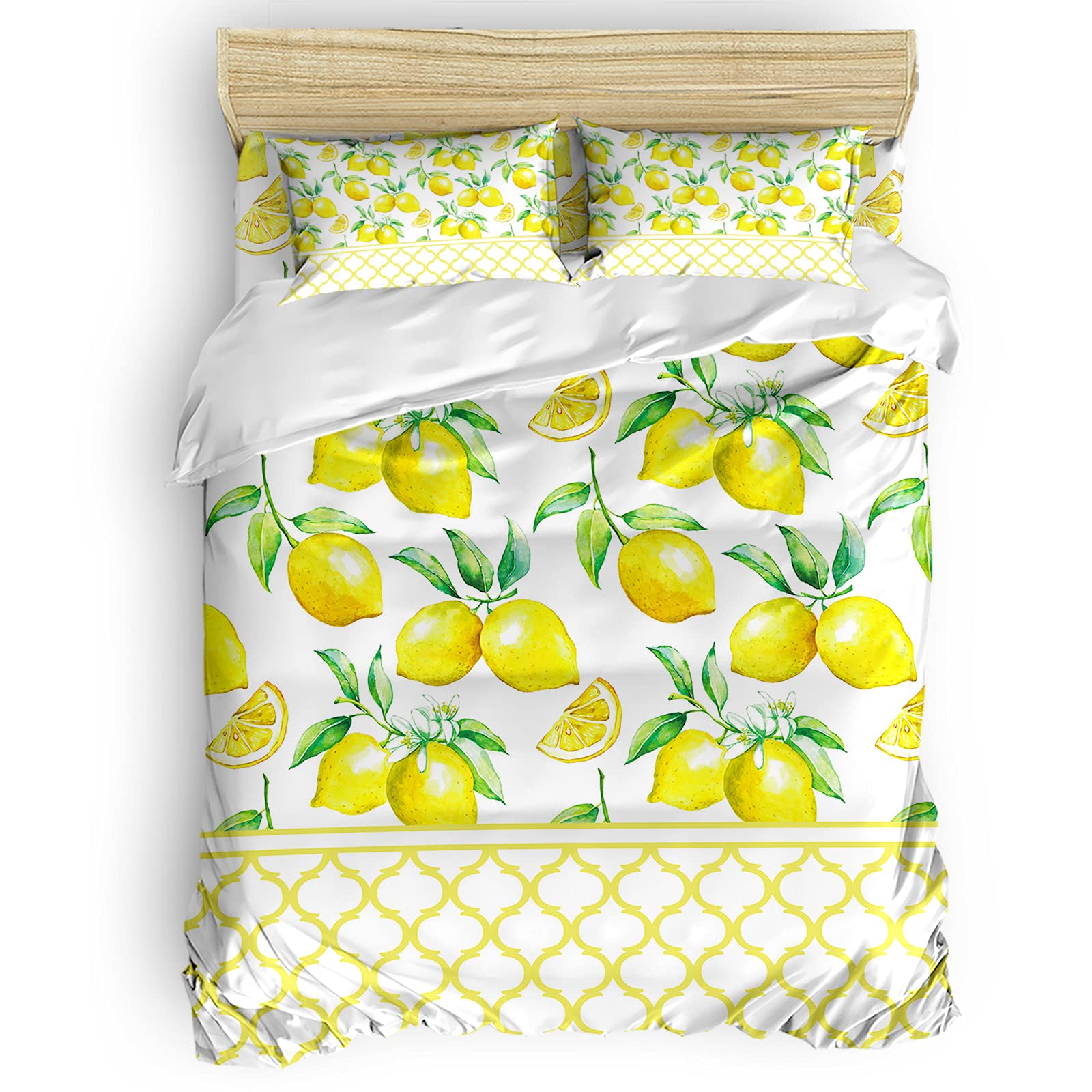 Parure De Lit 3 Pièces Citron 220x240 Cm - Housse De Couette Microfibre + 2 Taies 65x65 Cm - Fermeture éclair, Douce Et Anti-rides