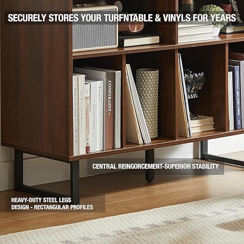 Miniatura 6 de Soporte grande para tocadiscos con gabinete de almacenamiento de vinilo, mesa consola giratoria moderna de mediados de siglo, madera de nogal negro,