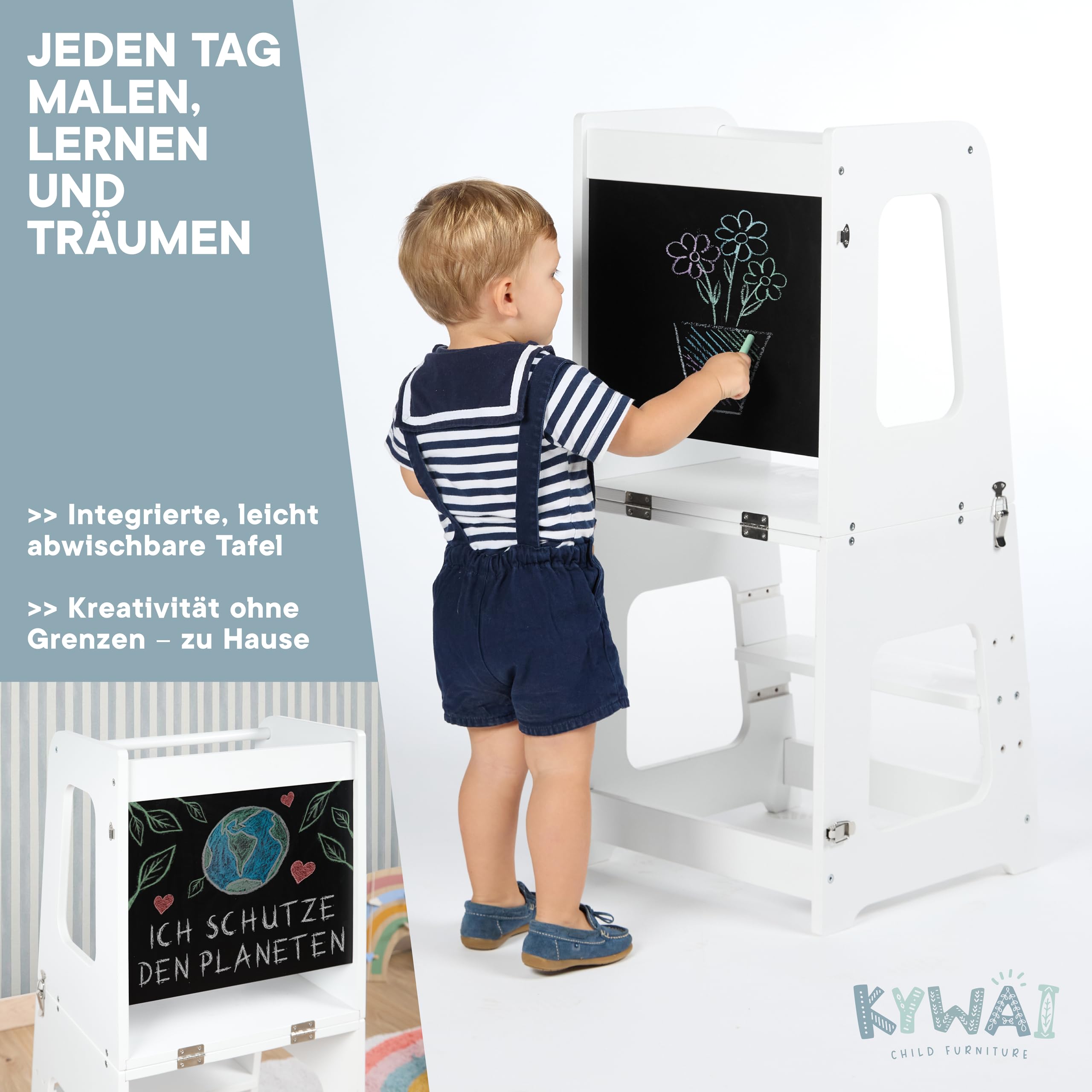 Montessori Lernturm ab 1 Jahr Klappbar Groß– 2-in-1 Premium Learning Tower & Tisch – Lernturm klappbar, Nachhaltiges Unternehmen, höhenverstellbare Stufe, Innovatives (weiß)