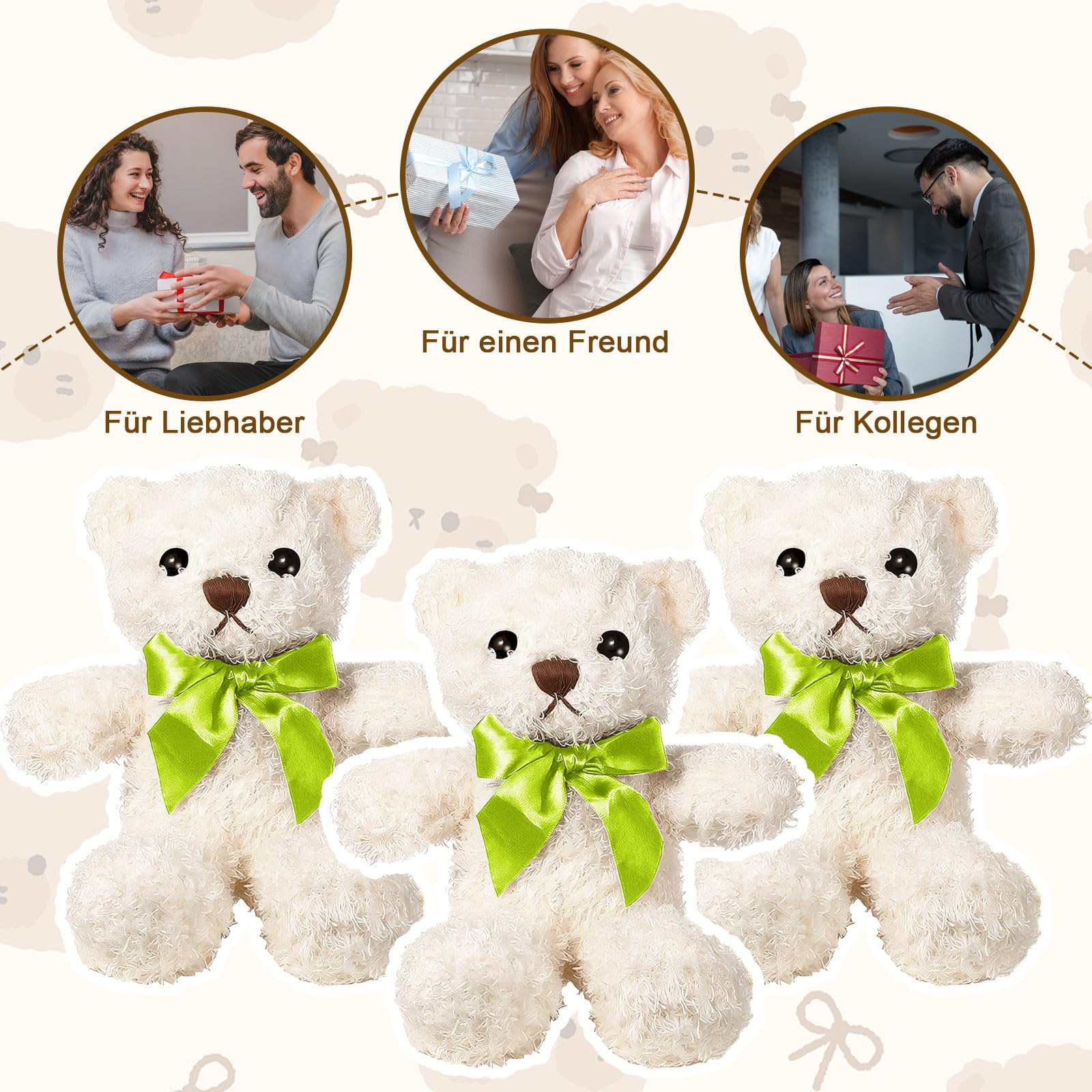 Juego de 16 osos de peluche de 25 cm, pequeños osos de peluche en color marrón claro y blanco con lazo, peluches suaves para abrazar, ideas de regalo y decoración de fiestas para cumpleaños