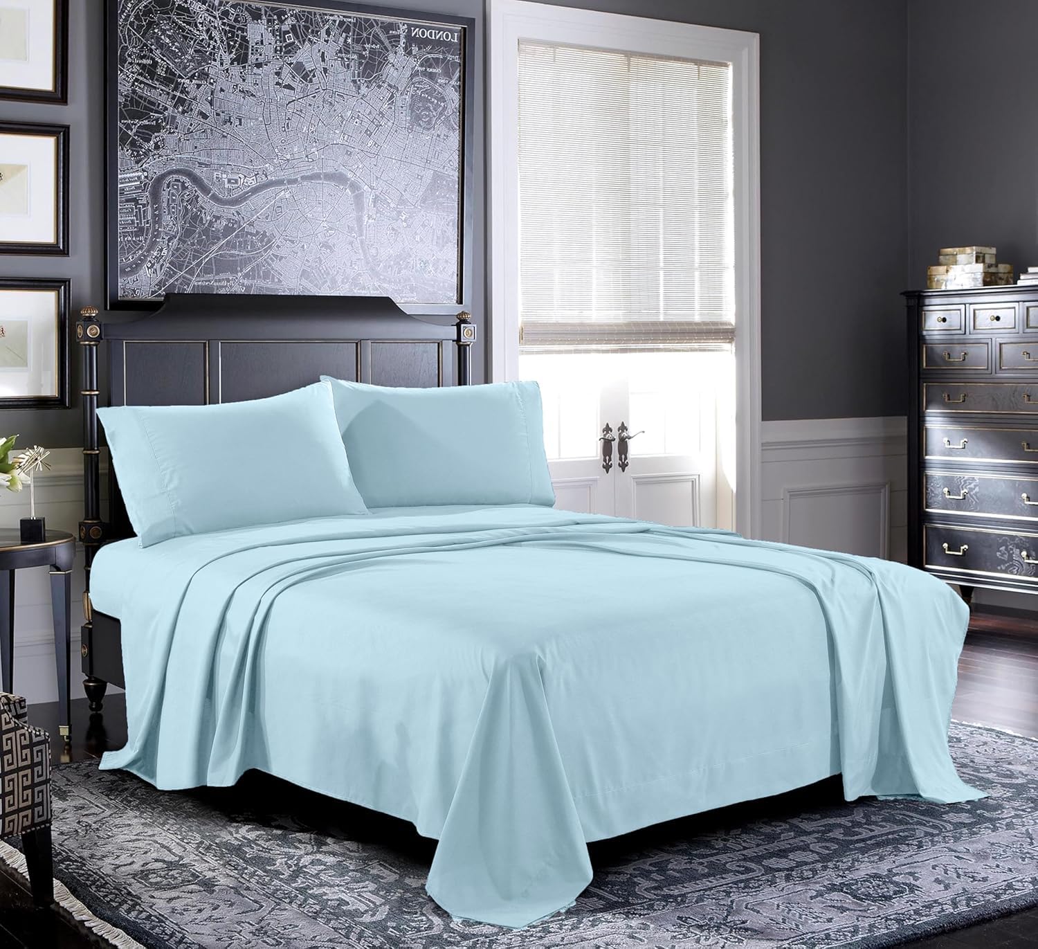 Pure Bedding Bed Sheets - Queen Sheet Set [4-Piece, Sky Blue] - Hotel Luxury 1800 Brushed Microfiber - Soft and Breathable - Deep Pocket Fitted Sheet, Flat Sheet, Pillow Cases