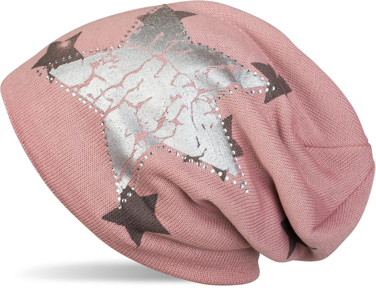 Stylebreaker Women's Old Rose Beanie Hat With All-Over Star Pattern, Vintage Star Print, Rhinestone Edge And Very Soft Inner Lining, Unisex 04024097, Color: