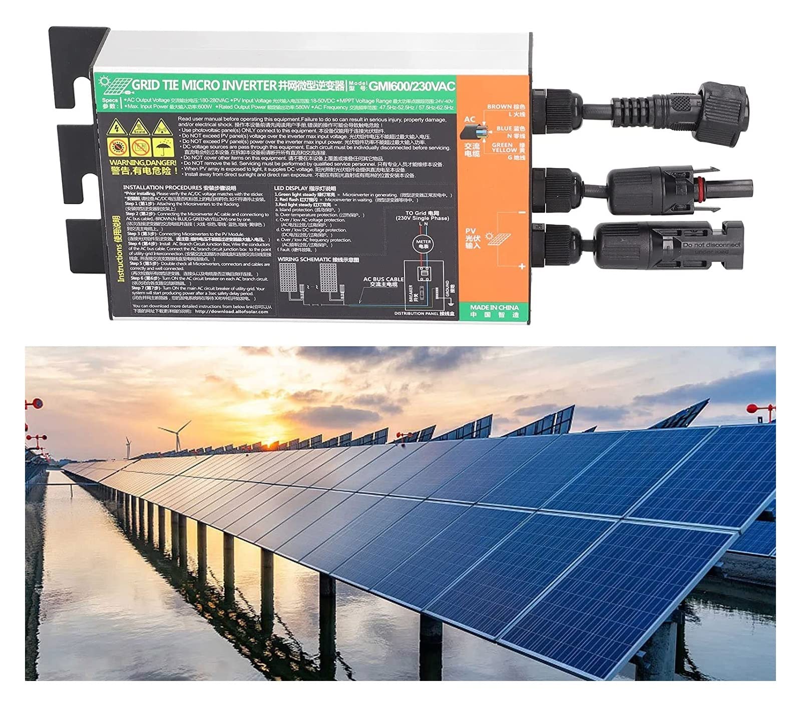 Falowniki sieciowe Solar Micro Inverter 230 600 W IP55 Wodoodporny mikroinwerter MPPT Grid Tie do małych systemów solarnych Mały system zasilania energią słoneczną do użytku