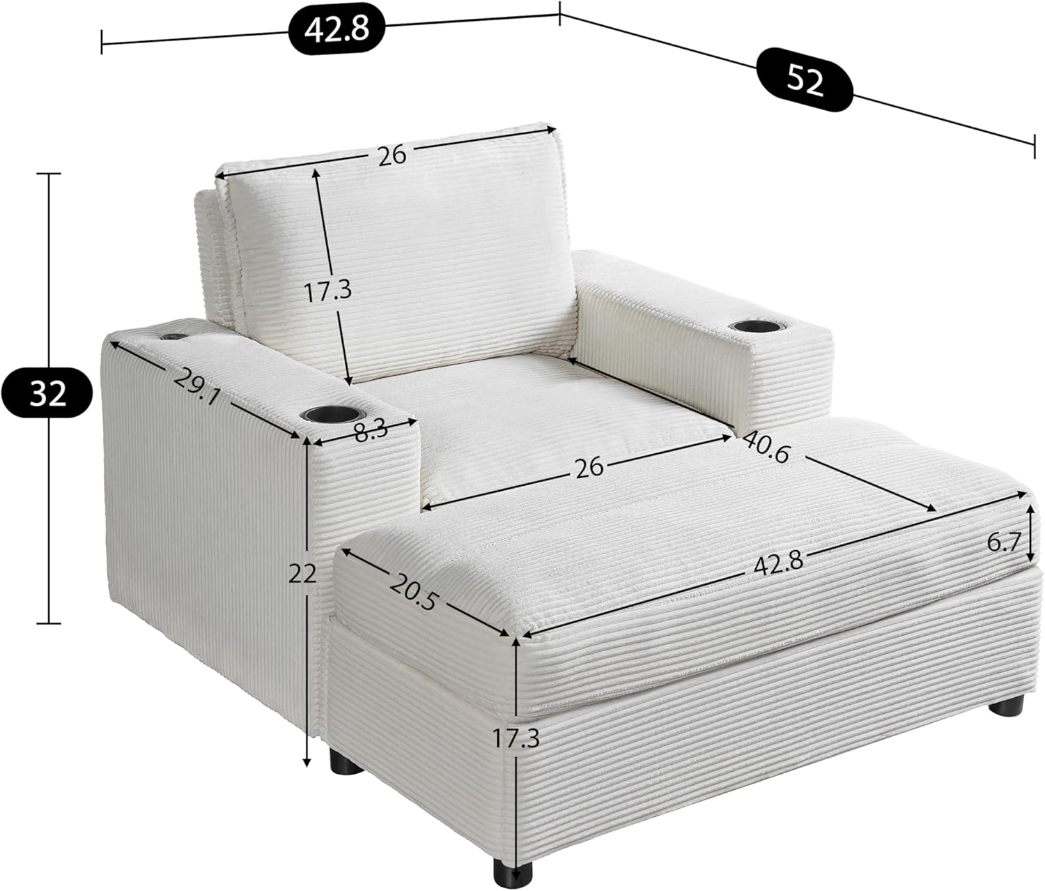 Eafurn 43" Oversized Accent Chair with Storage Ottoman,Corduroy Sleeper Chair Lounge Armchair with Built-in USB & Type-C Ports, 2 Cup Holders, Comfy Deep Seat Reading Sofa Couch