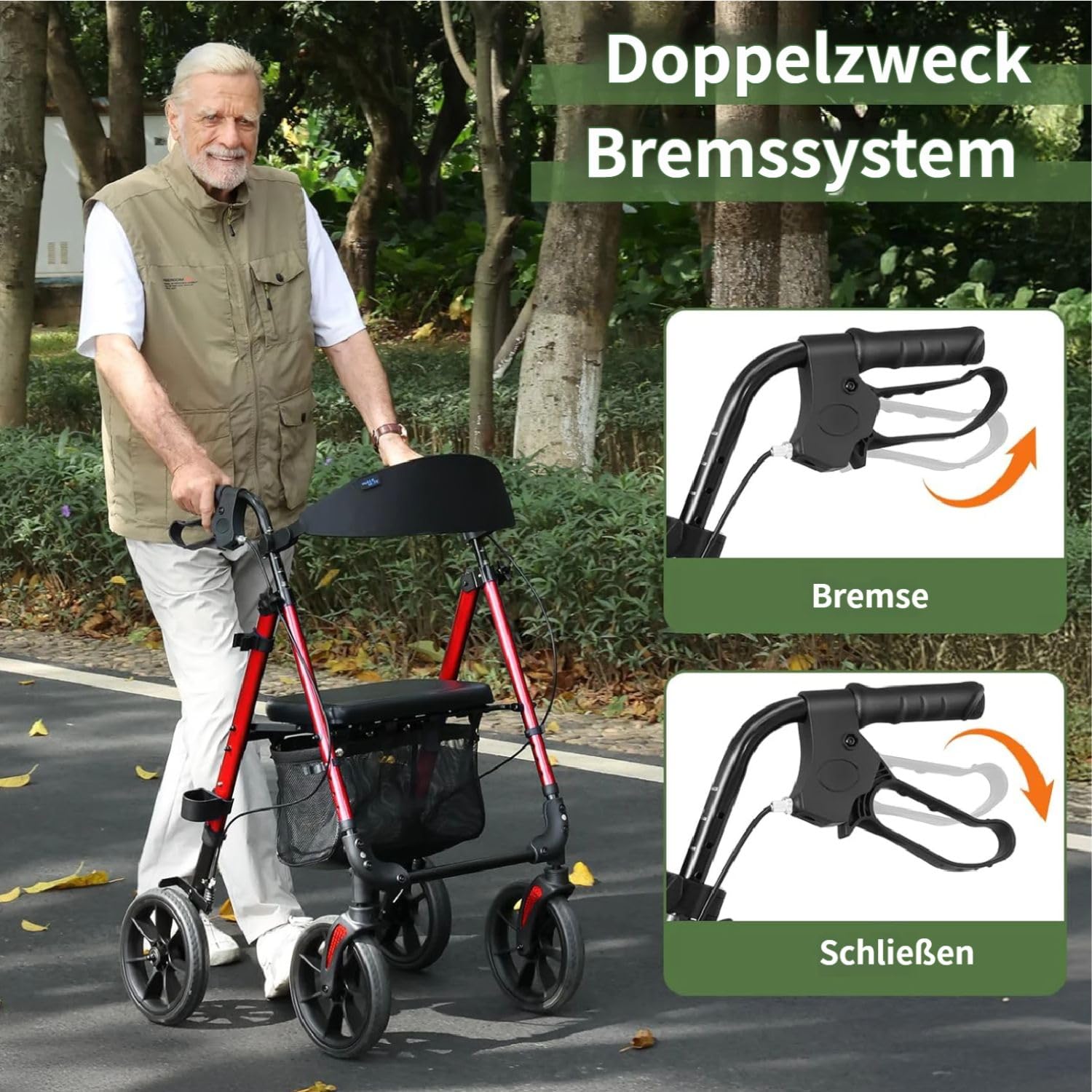 WALK MATE Rollator Faltbar und Leicht mit Sitz,bis 159kg belastbar | Rollator für die Wohnung Outdoor mit Rutschfeste Räder,höhenverstellbare Gehhilfe aus Aluminium inkl.Tasche und Stockhalter