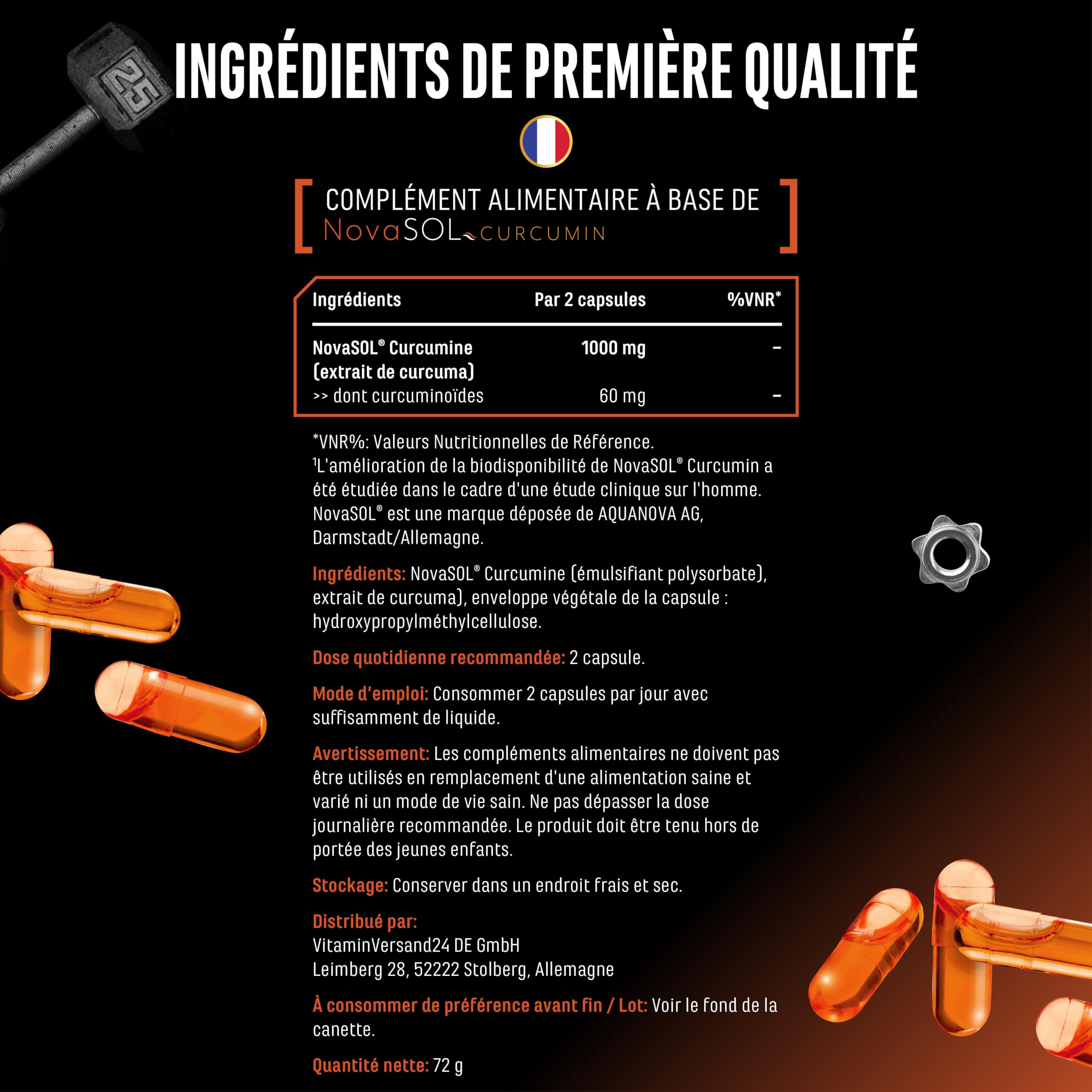 Curcuma NovaSol® - 120 capsules Liquides - 1000mg de Curcumine par Dose Journalière - Avec la Technologie Brevetée NovaSOL® - Biodisponibilité 185 Fois Supérieure grâce à la Forme Liquide - Végétalien