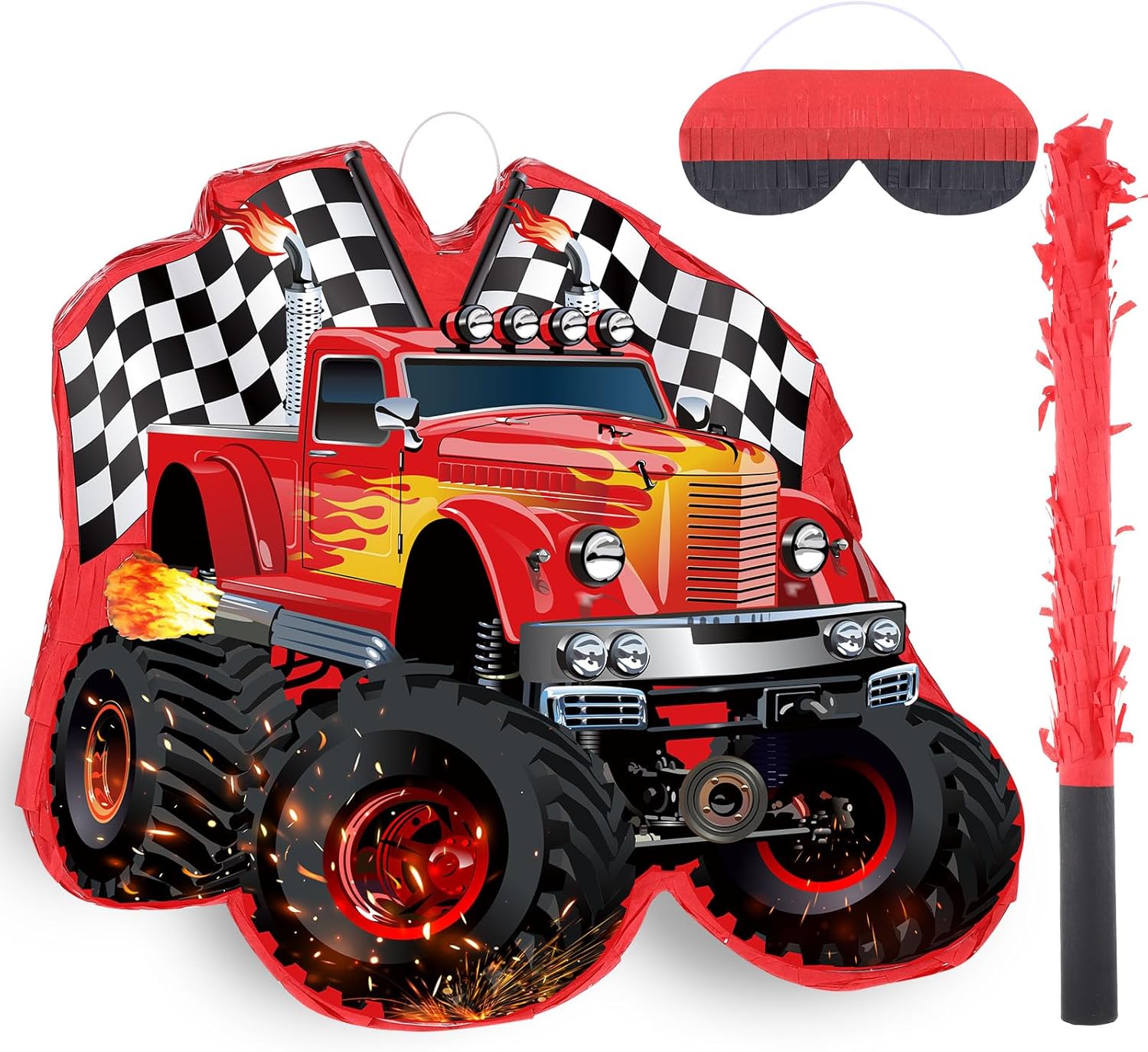 3 Pcs Truck Monster Pinata Party Decoration of Race Car Pattern Small Blaze Wheel Pinata with Blindfold for Boy Birthday Mexican Party Decor Carnival Fiesta Game Supplies