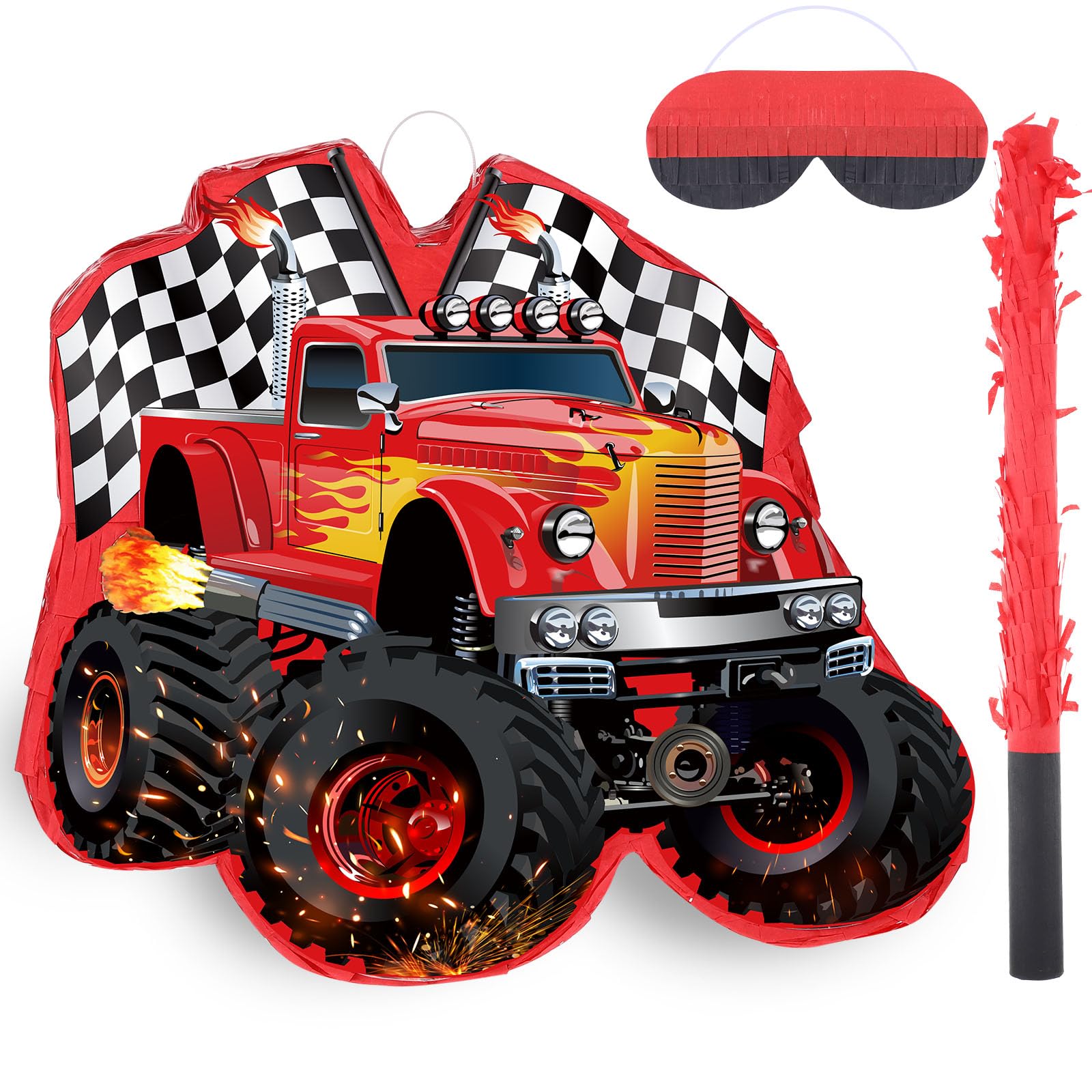 Red Truck Piñata of Monster Small Piñata Race Car with Blindfold and Stick for Kids Boys 14.1 x 12.6 x 3.2 Inch Birthday Truck Party Supplies Construction Themed Party Games Decorations