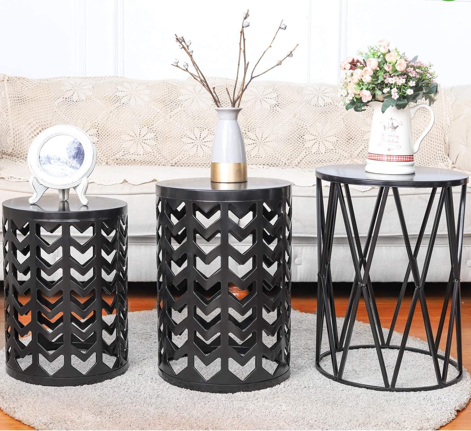 INDIAN DECOR. 50987 Multifunctional Nesting Round Metal Coffee End Tables, Set of 3 Modern Furniture Nightstands Decor Side Tables Plant Stand for Home Office Indoor Garden Outdoor- Pure Black 1
