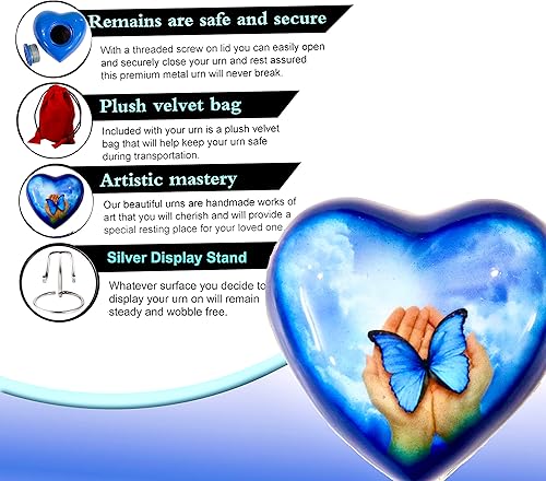 Miniatura 4 de THE ASCENT MEMORIAL Urna de corazón pequeña mariposa azul para cenizas humanas  Juego de regalo funerario de urna pequeña corazón soporte de