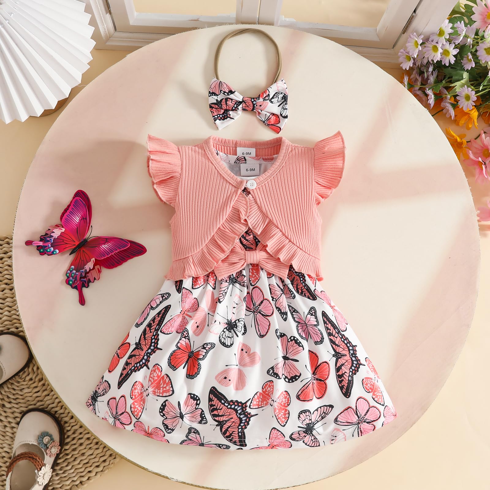 Robe pour Petites Filles Gilet à Volants Hauts à Fleurs Papillon Robes à Carreaux Vêtements D'été Bébés Filles - 3