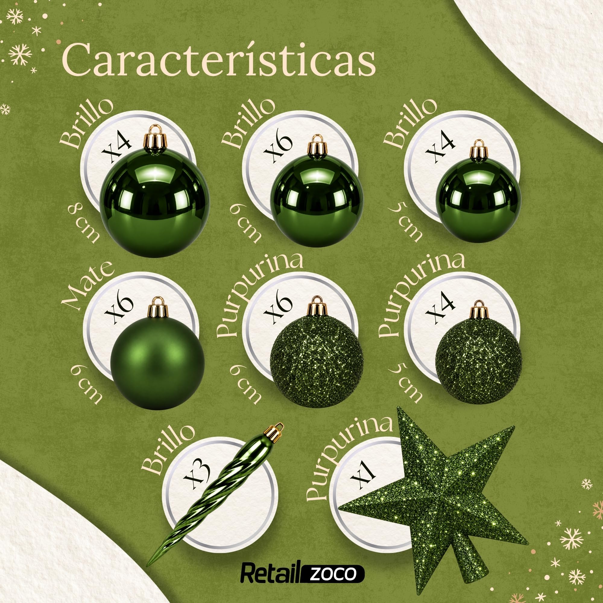 Bolas de Navidad, Adornos Arbol Navidad, 33 Piezas, Verde - imagen 4