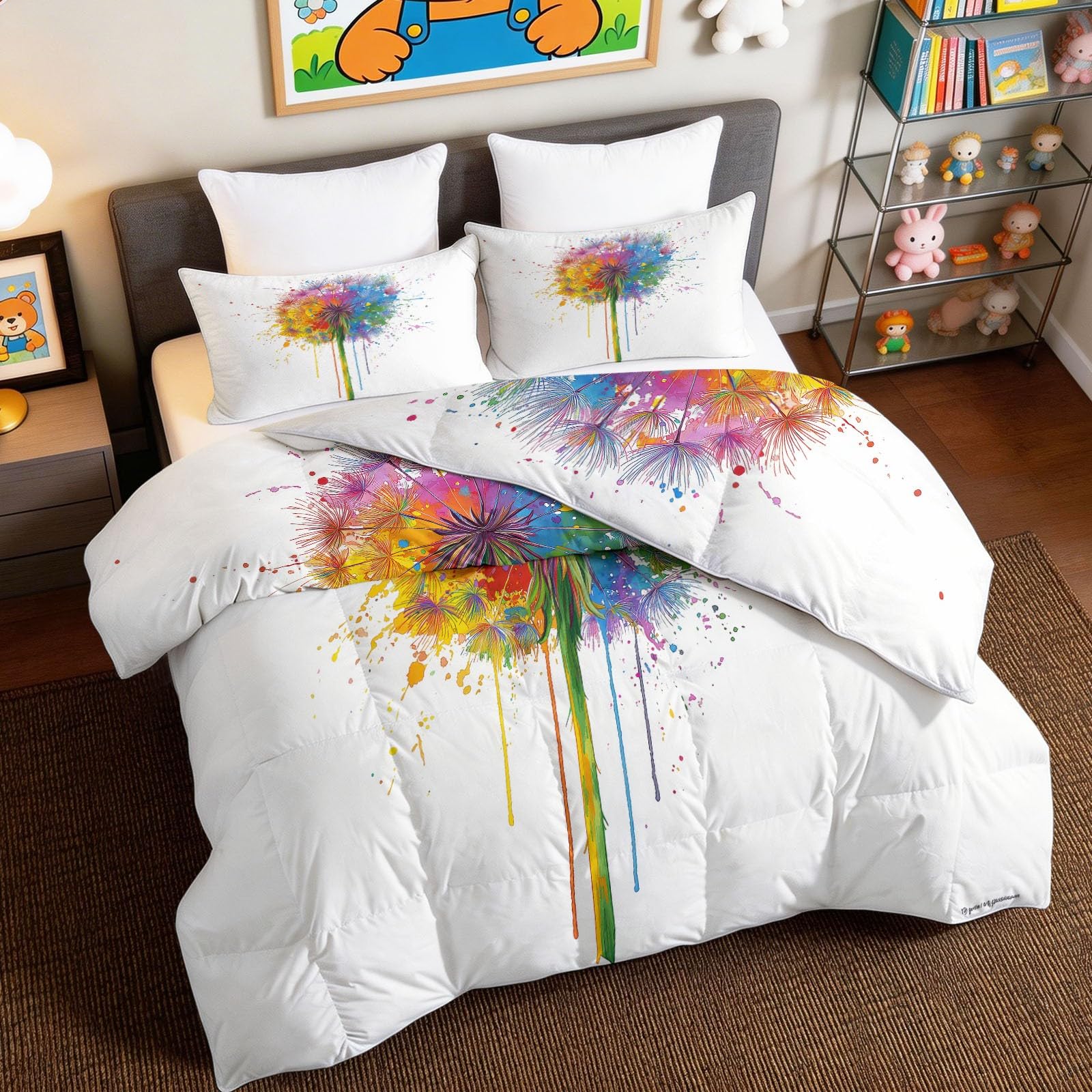 Kołdra w stylu bajecznym stylu, 155 x 220 cm, całoroczna, na 4 pory roku, rośliny, tęcza, dmuchawiec, pikowana – przyjazna dla skóry, poszewka na poduszkę z 2 poszewkami na poduszki 80 x 80 cm