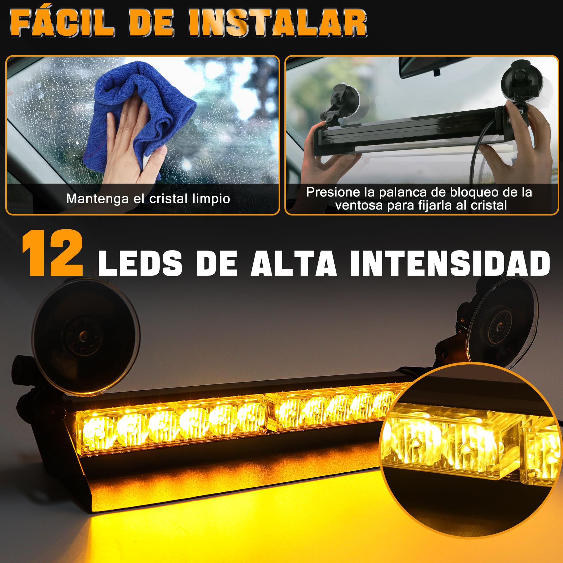 Barra LED de Emergencia Estroboscópica Ámbar 12V/24V para Camión, Coche y Furgoneta, 14 Pulgadas con 12 LEDs, 9 Modos Flash, Baliza de Advertencia IP66 para Seguridad Vial
