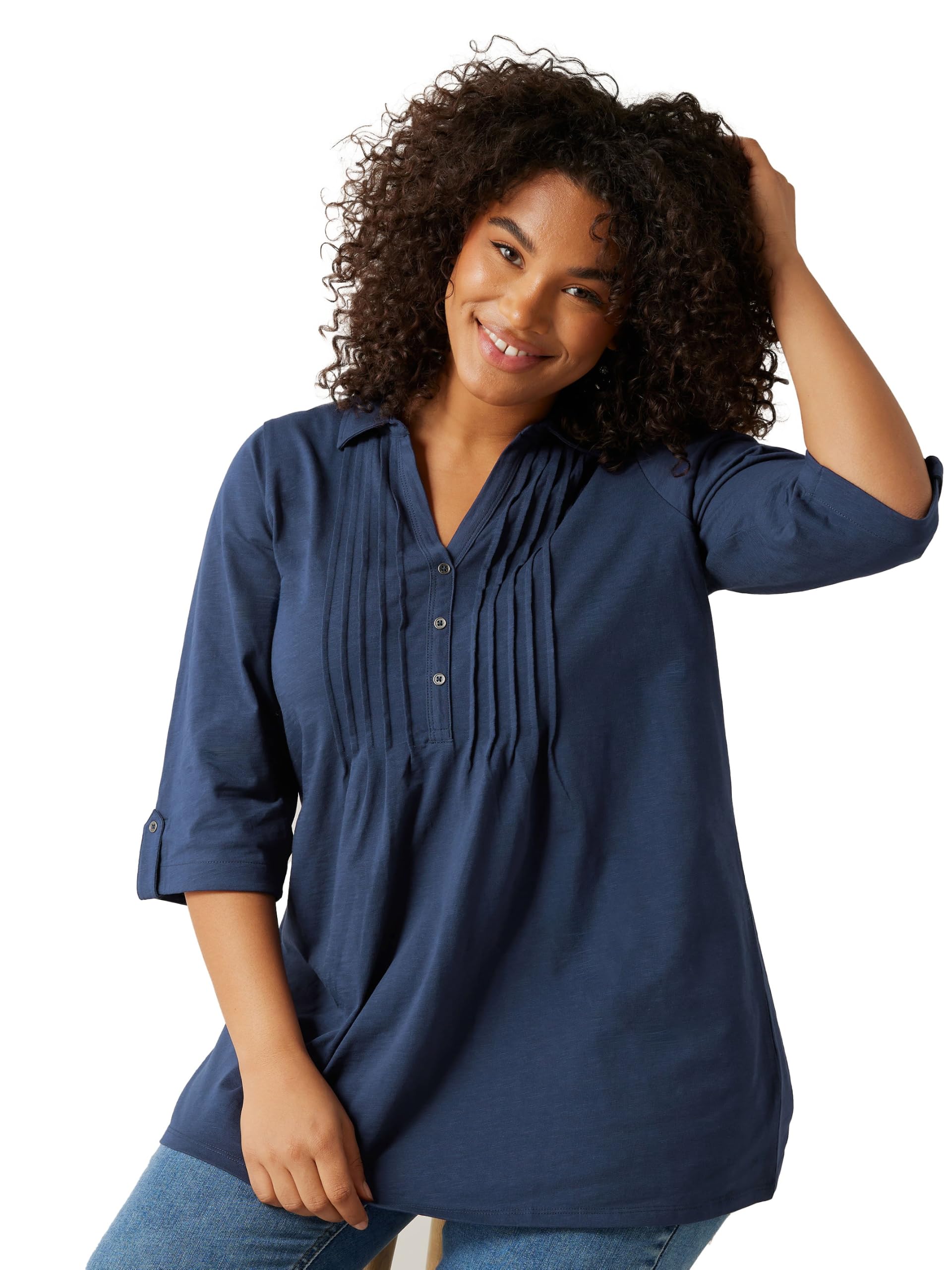 Evans Pintuck Henley Top - Dark Navy - 3/4 Sleeve - Cotton - Size 18