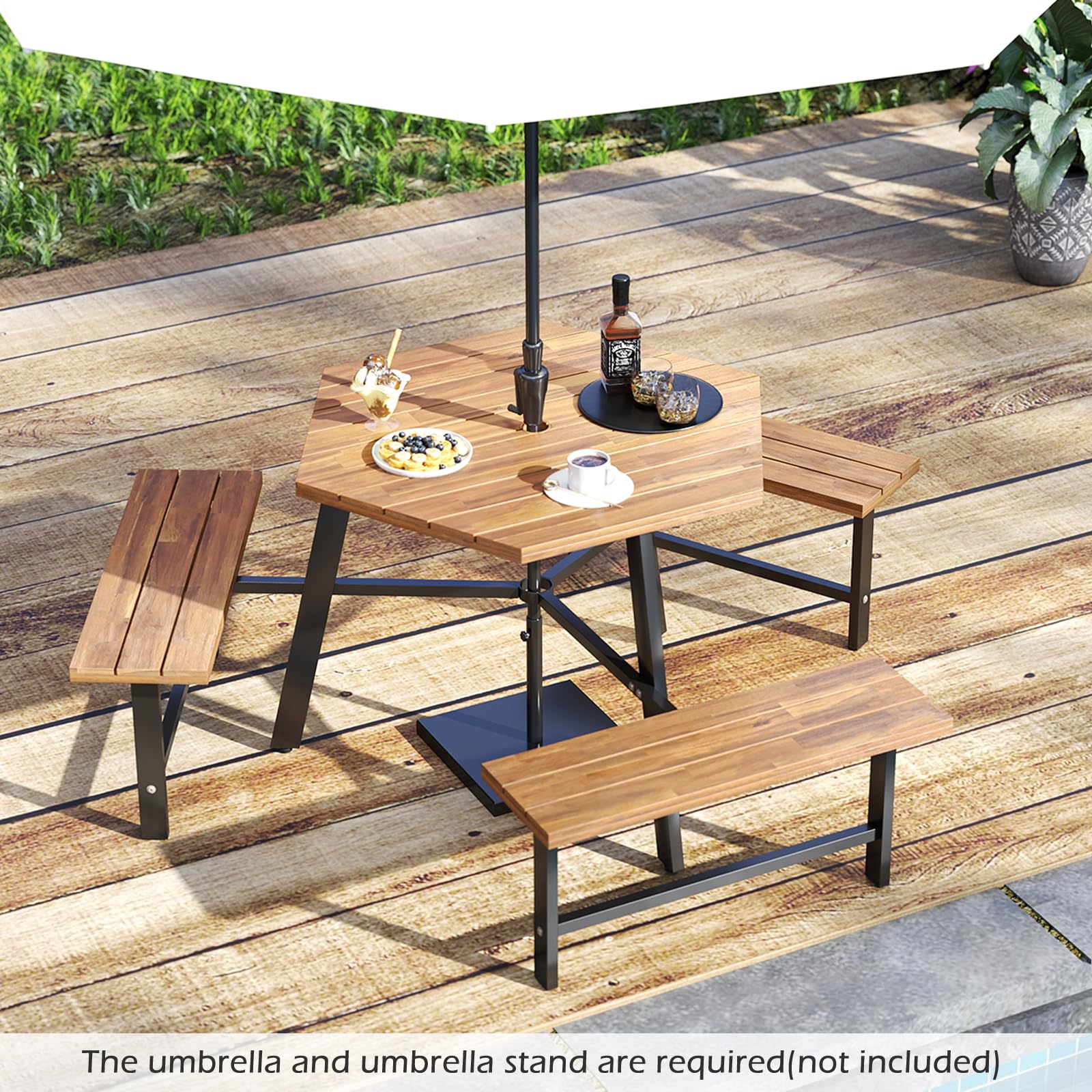 KOMFOTTEU Set di mobili per 6 persone, set da picnic in legno di acacia con foro per ombrellone, set da tavolo e 3 panche per giardino, terrazza, 191 x 165 x 70 cm