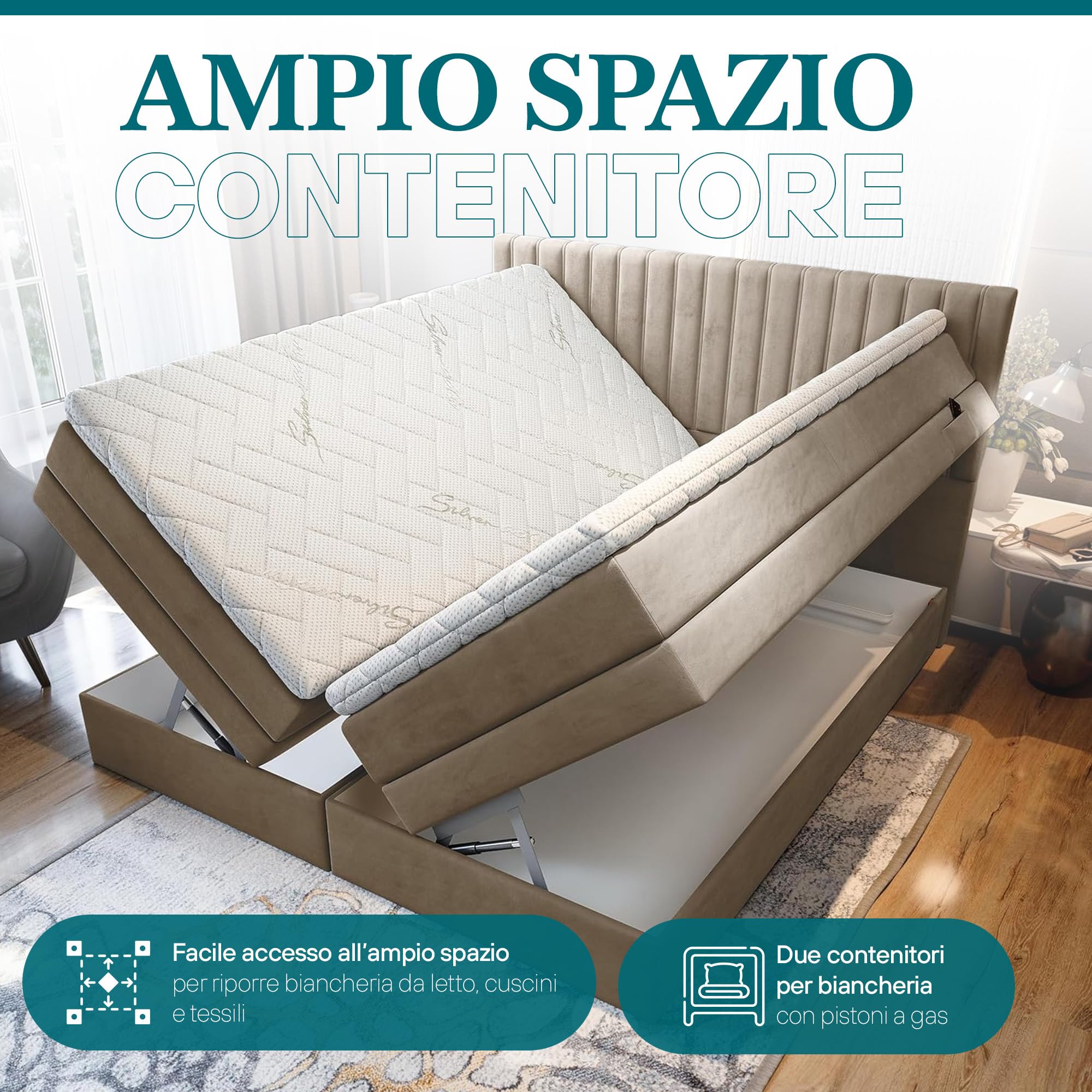 TRADA Letto Contenitore Matrimoniale ADELE, 200x200cm, Beige | Letto Elettrico con Materasso + Tooper e Contenitore - Rivestimento In Tessuto Velour
