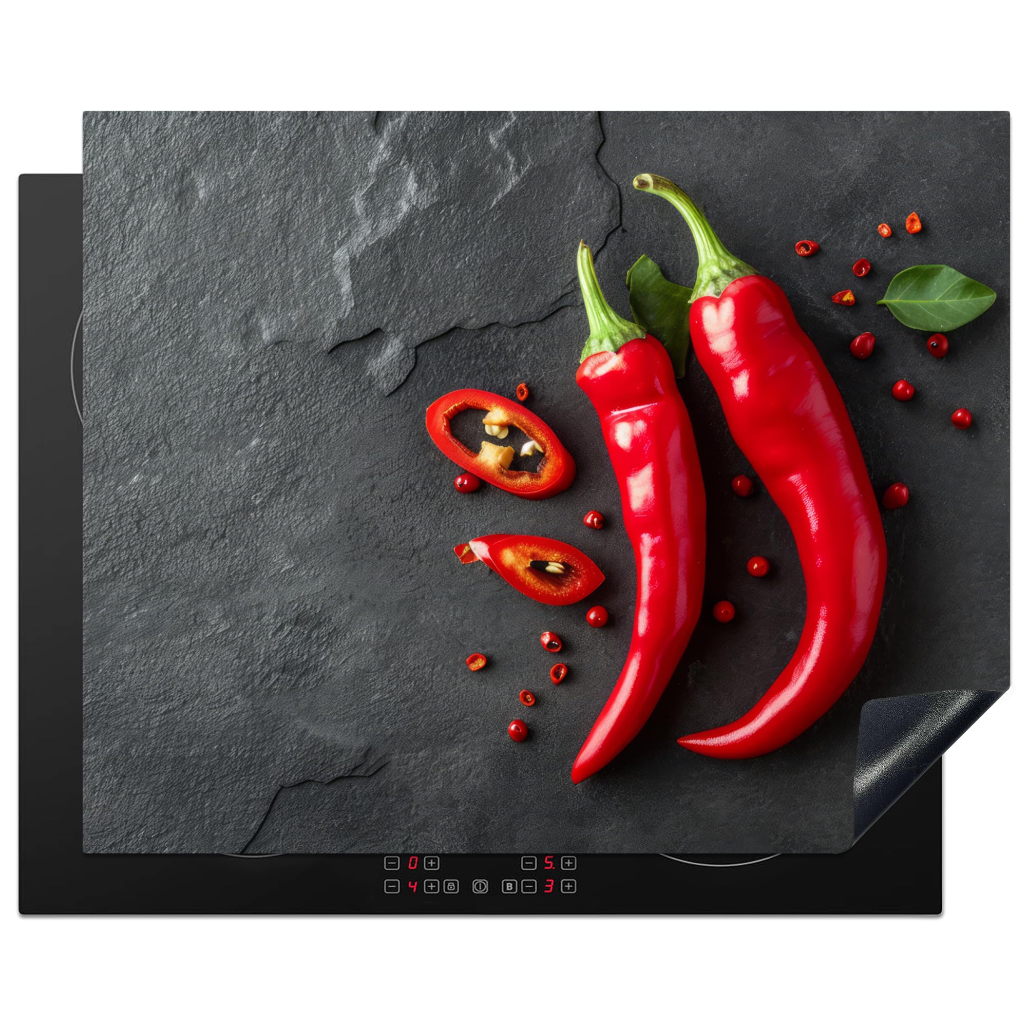 KitchenYeah© Induction Hob Protector Mat 20.5"x25.6" / 65x52 cm Stove Cap Top Cover Kitchen Cooker Covers for Electric Hobs Vinyl Red Pepper - Concrete - Chilies - Vegetables
