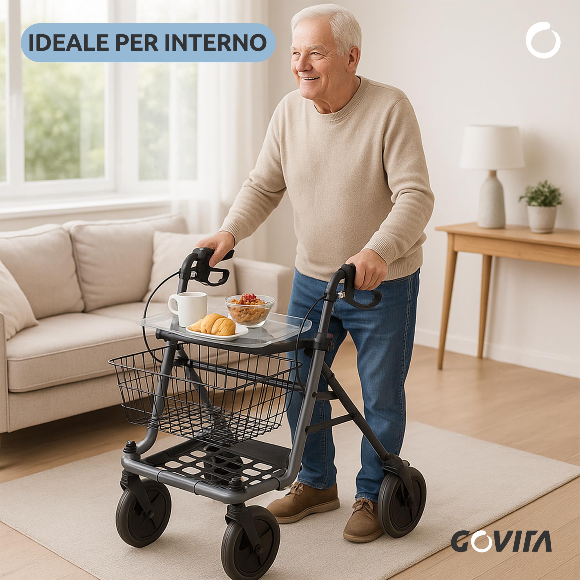 GOVITA - Deambulatore Pieghevole per Anziani con Seduta e Cestino – Rollator a 4 Ruote da Interno ed Esterno, Carrello Girello Regolabile con Freni e Portaoggetti