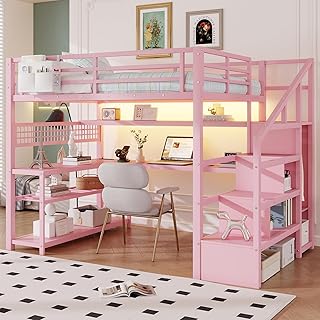 KEIKI Full Size Loft Bed with Staircase and Wardrobe, Metal Loft Bed with Desk, Storage Shelves, Charging Station & Lights, No Box Spring Required (Pink)