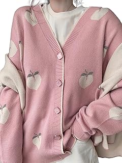 Women Oversized Cute Cardigan Fruit Jacquard Knit Sweater Coat Button Do...