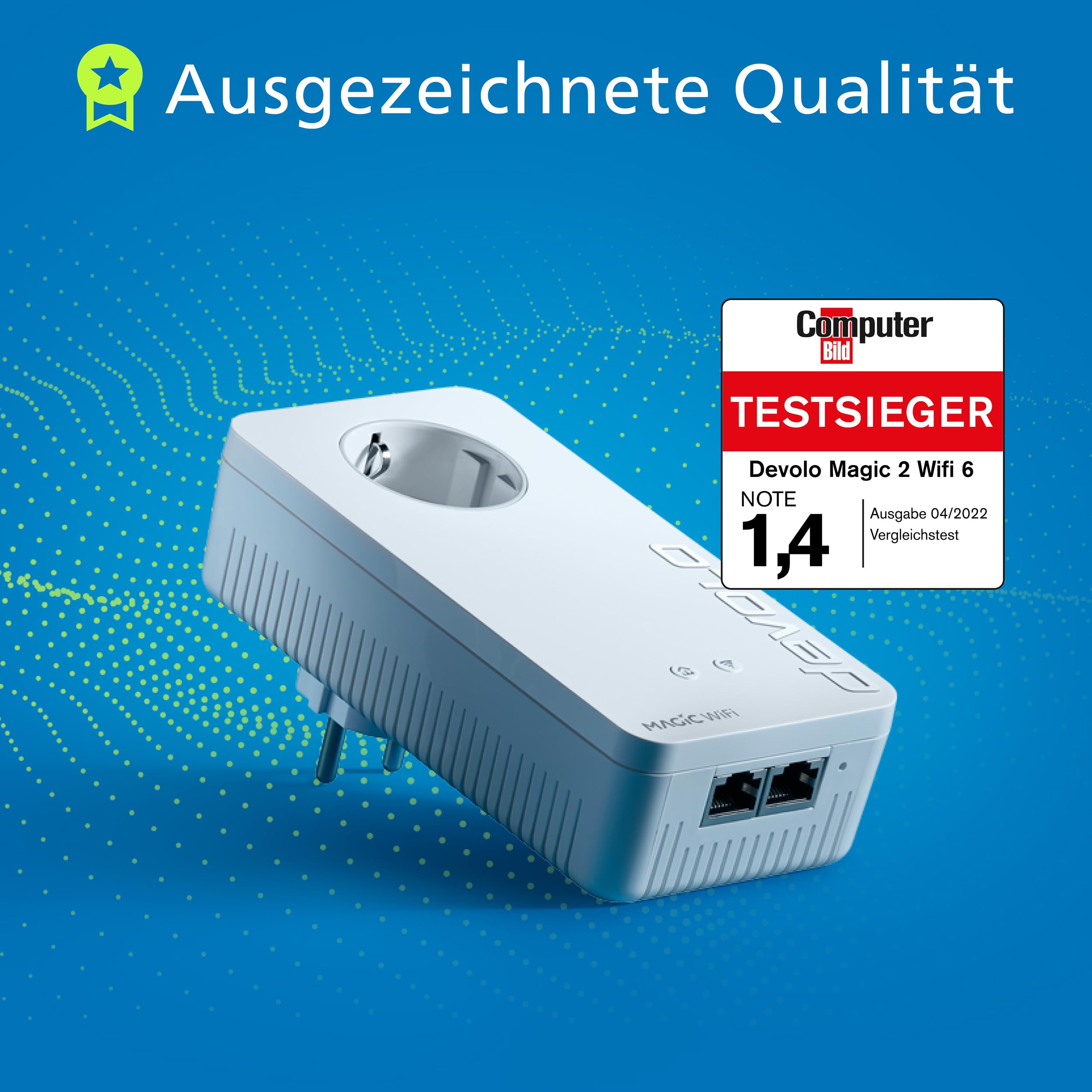 devolo Magic 2 WiFi 6 Erweiterungsadapter, WLAN Powerline Adapter, bis zu 2.400 Mbit/s, Mesh WLAN Steckdose, 2x Gigabit LAN Anschluss, dLAN 2.0, weiß