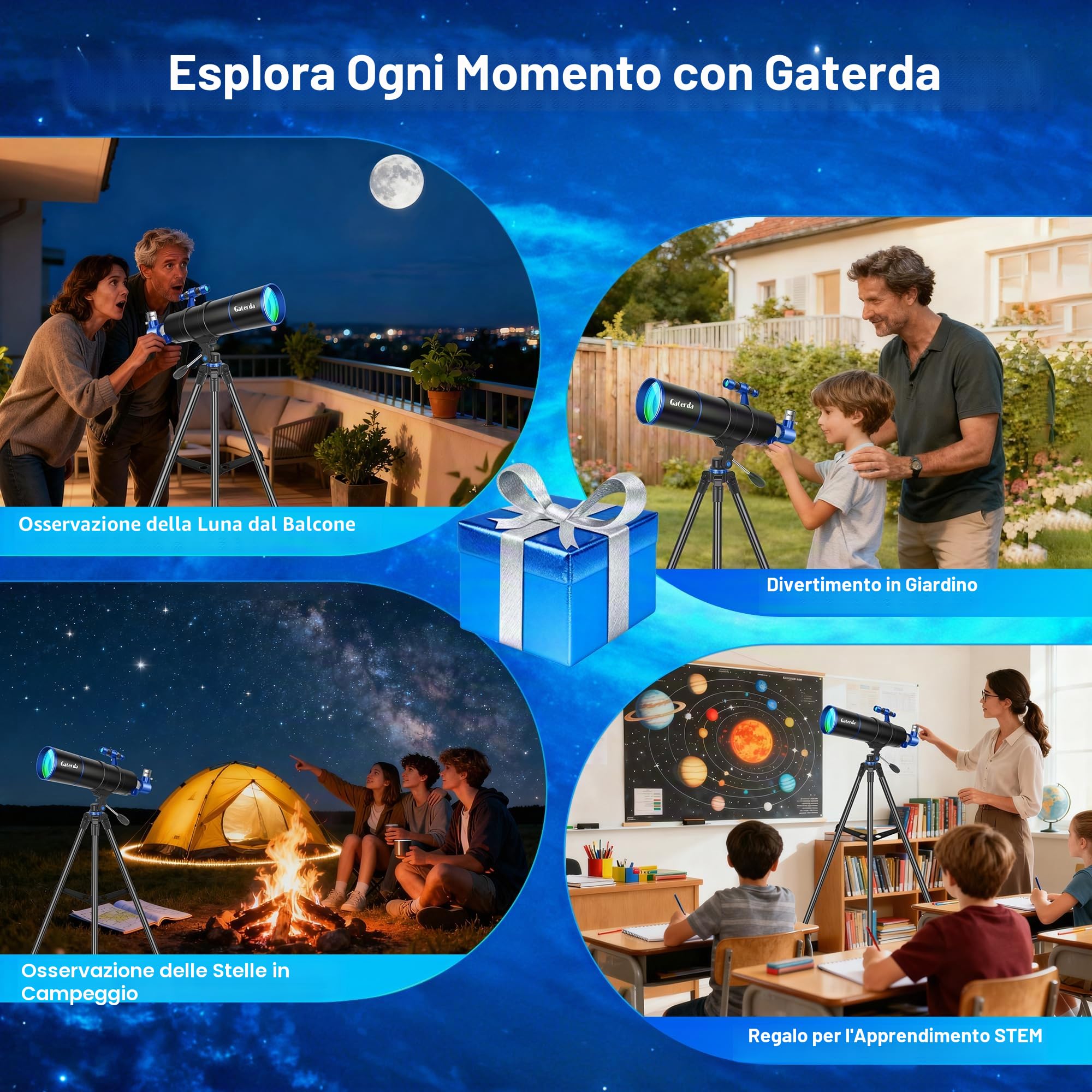Telescopio Astronomico Professionale per Adulti Principianti, 90/550mm Telescopi Riffrattore(22X–165X) con Treppiede Regolabile Adesivi con Elementi Cosmici & Borsa da Trasporto