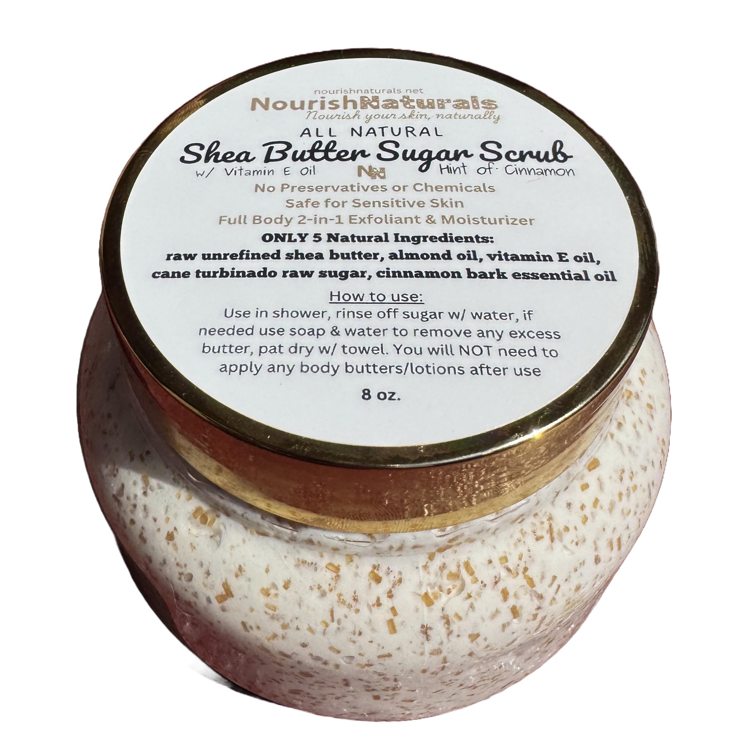 Shea Butter Sugar Scrub, 2-in-1 Full Body Exfoliatant and Moisturizer, for Dry Sensitive skin, 5 Simple ingredients for full body Nourishment, Nontoxic