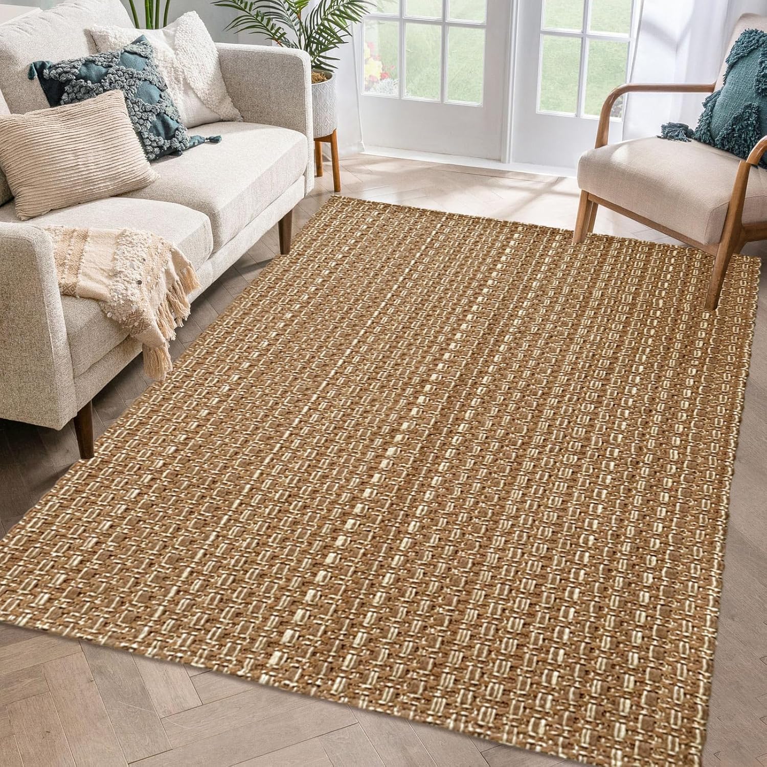 winolive 3x5 ft Rugs for Bedroom - Non-Slip Machine Washable Neutral Rug for Living Room,Faux Jute Rug,Braided Area Rug,Boho Solid Rugs for Home and Office,Very Soft,Stain-Resistan,Tan Brown