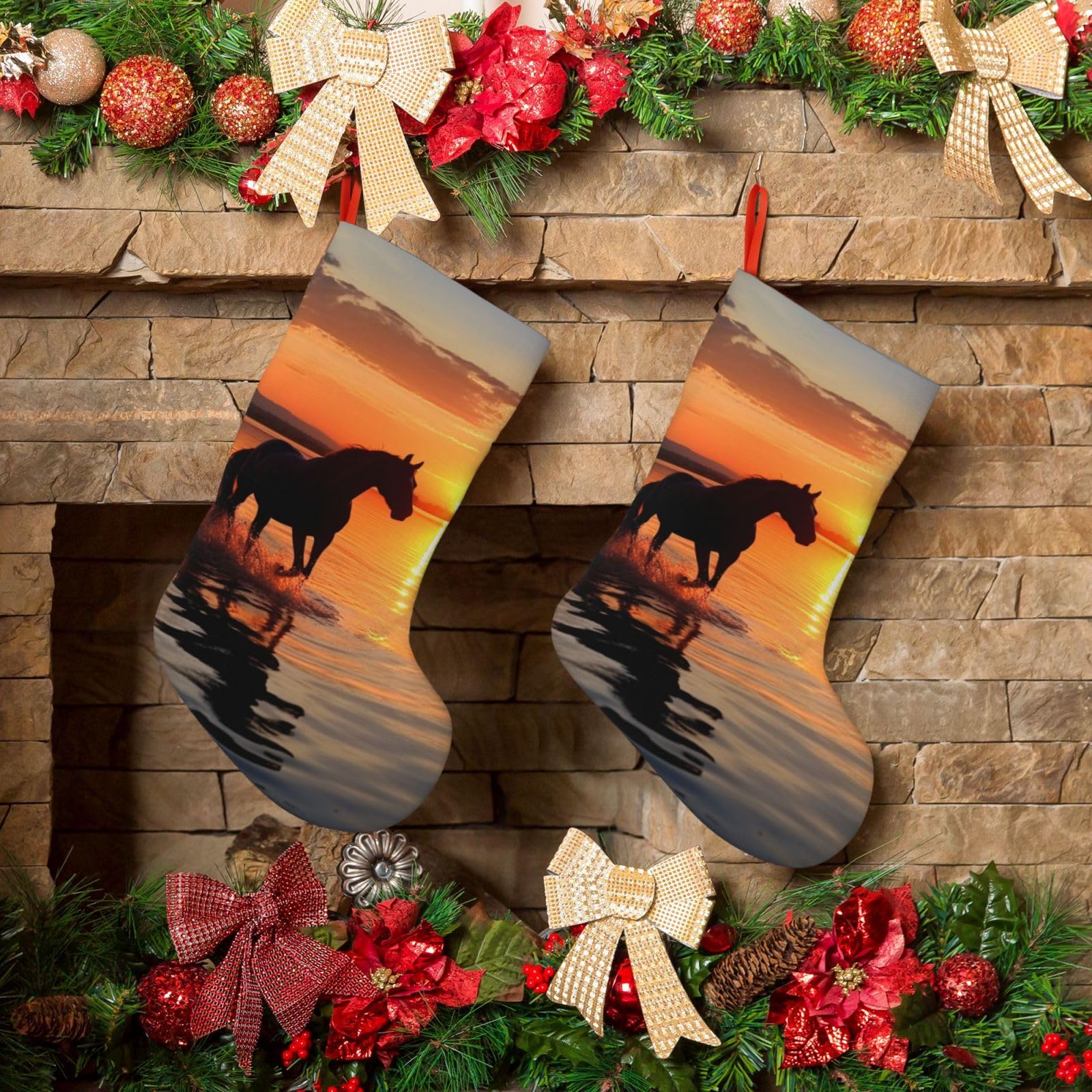 Fodpand Boys Black Sunsets Lake Horses Christmas Stockings Hanging Ornaments For Holiday Decor, 18 Inches Velvet Fireplace Hanging Xmas Stocking, Candy Gift Bags For Christmas Decorations