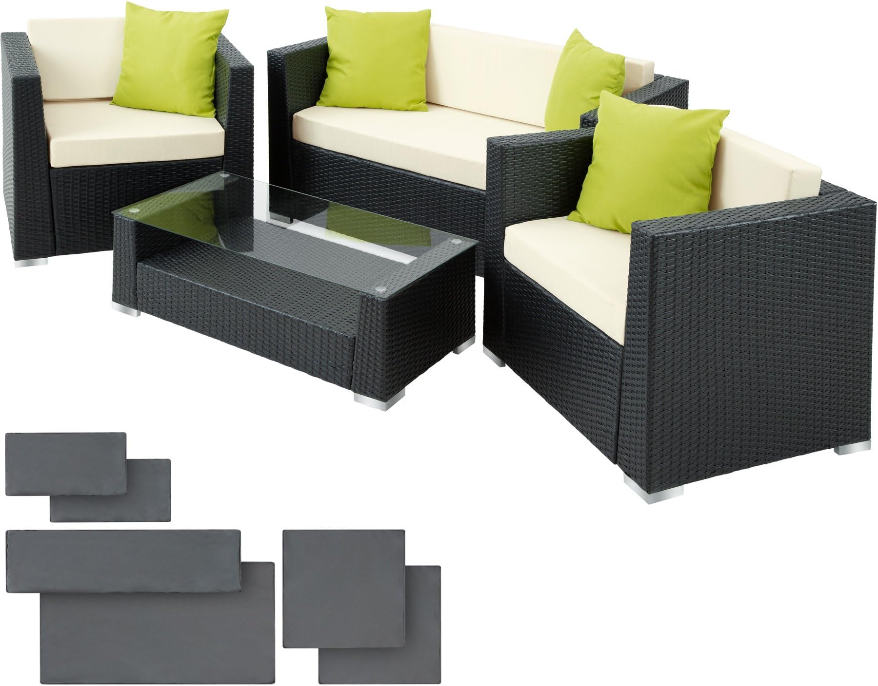 TecTake Luxury Rattan Aluminium Garden Furniture Sofa Set Outdoor Wicker with Glass Table + 4 Extra Pillows (Black)