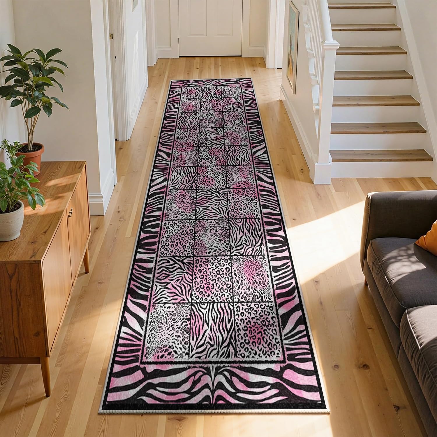 Animal Zebra Runner Rug, 120x360cm Pink Animal Print Zebra and Leopard Stripe Living Room Rug, Geometric Check Washable Hallway Rugs, Soft Non-Slip Trendy Cheetah Texture Girl's Bedroom Bedside โ image 1