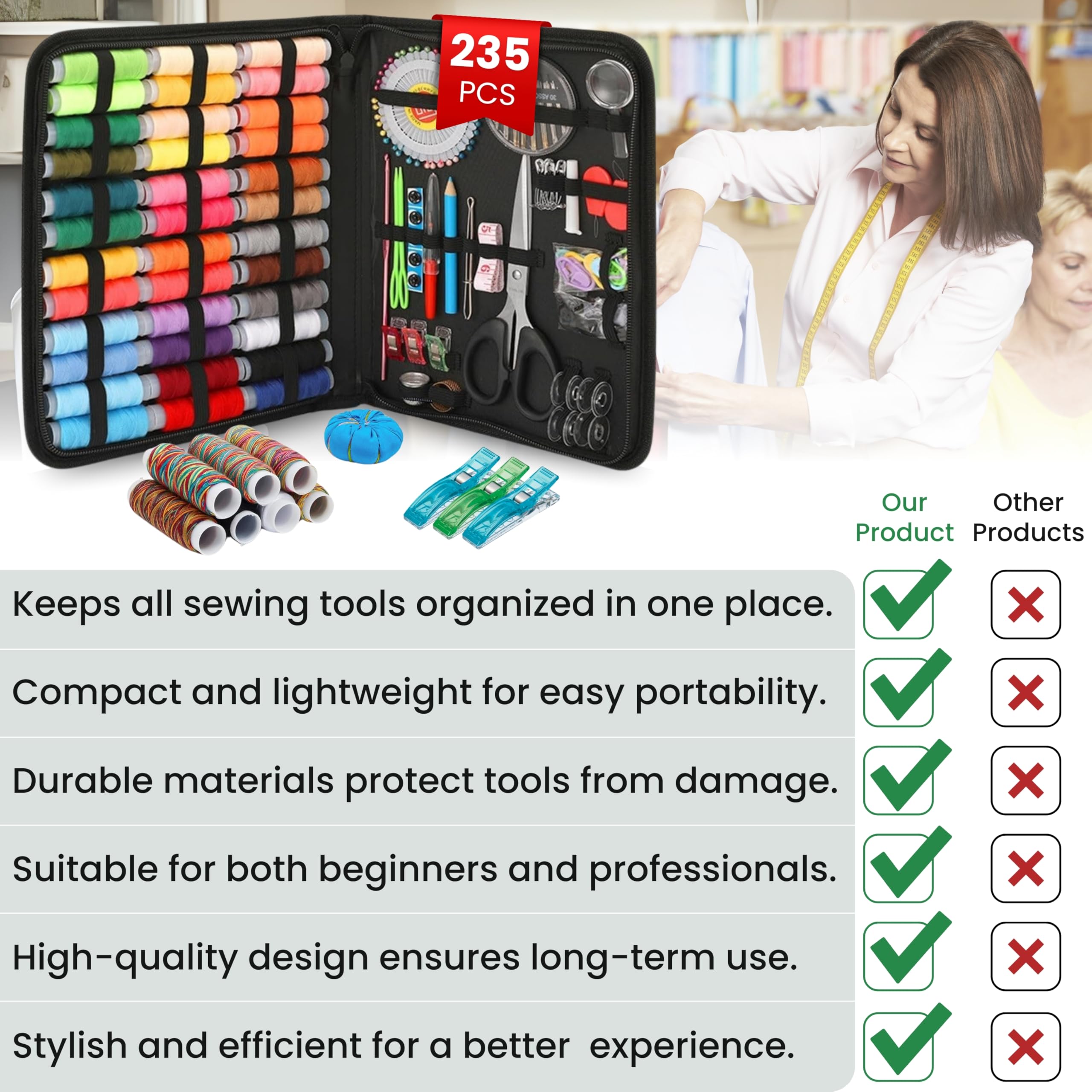 Premium - Kit de costura de 235 piezas para manualidades, suministros para máquinas de bordar, principiantes, caja de agujas de hilo, mini accesorios, herramientas de regalo de mano, organizador