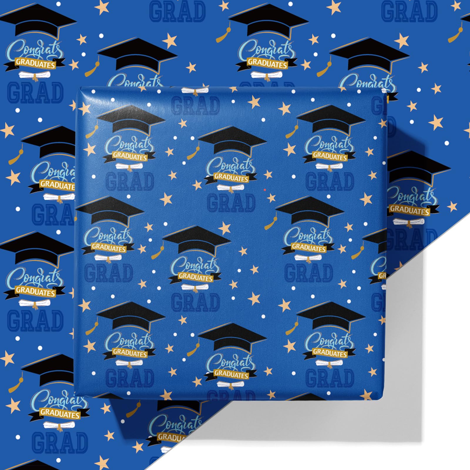 Graduation Wrapping 2025 Paper | Blue & Gold With Mortarboard Caps - 6 ...