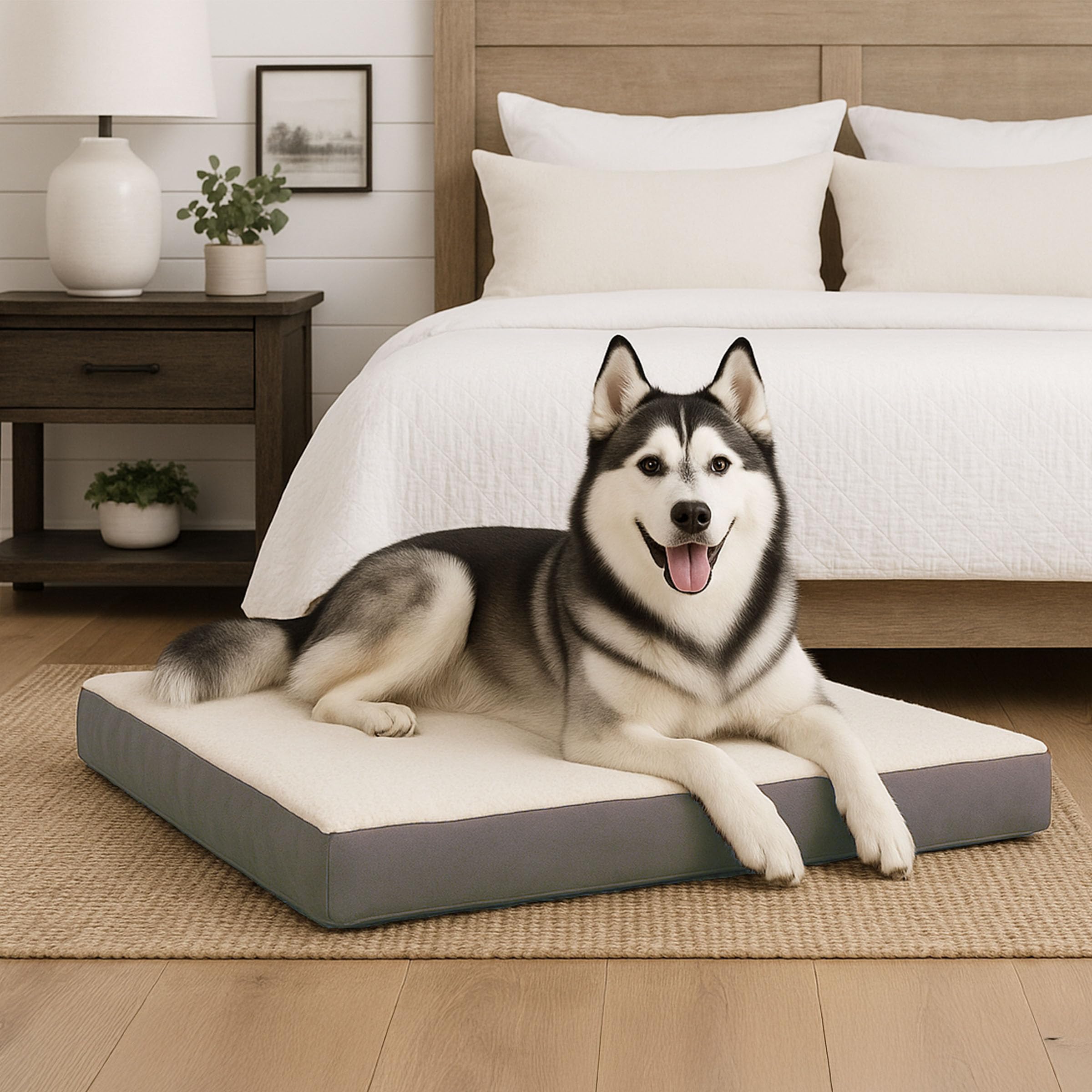 Petmaker Cama ortopédica para Perro, Cama de Espuma viscoelástica de 2 Capas con Cubierta Superior Sherpa Lavable a máquina, Cama para Perros Grandes de hasta 100 Libras (Gris)