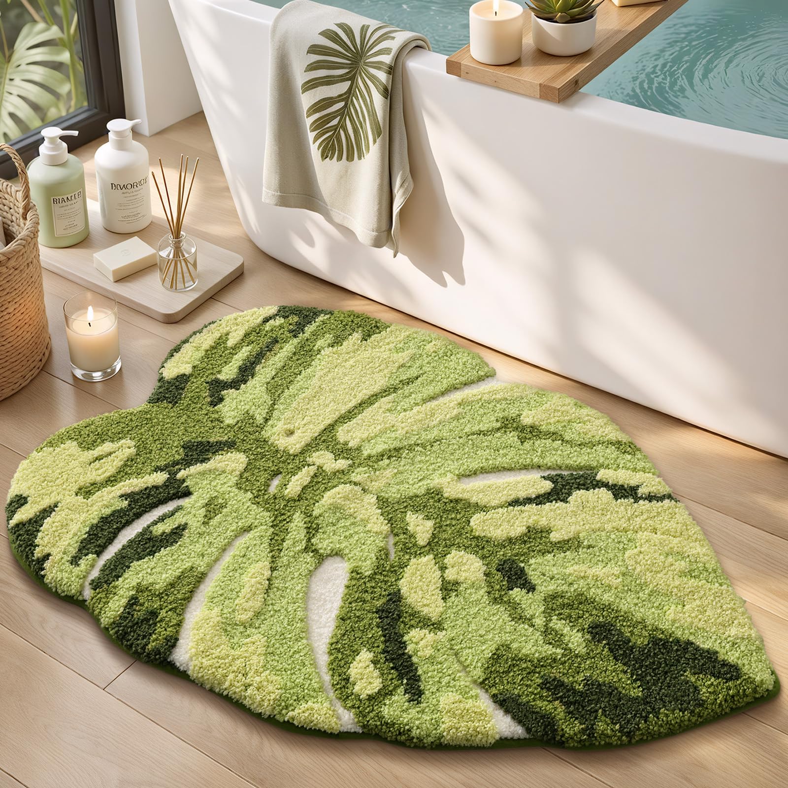 Photo 1 of Color&Geometry Cute Green Monstera Leaf Bathroom Rug 30"x45", Fluffy, Plush, Soft, Non Slip, Absorbent Bath Mat, Machine Washable for Shower Floor, Kitchen Sink, Bedroom, Kids Room