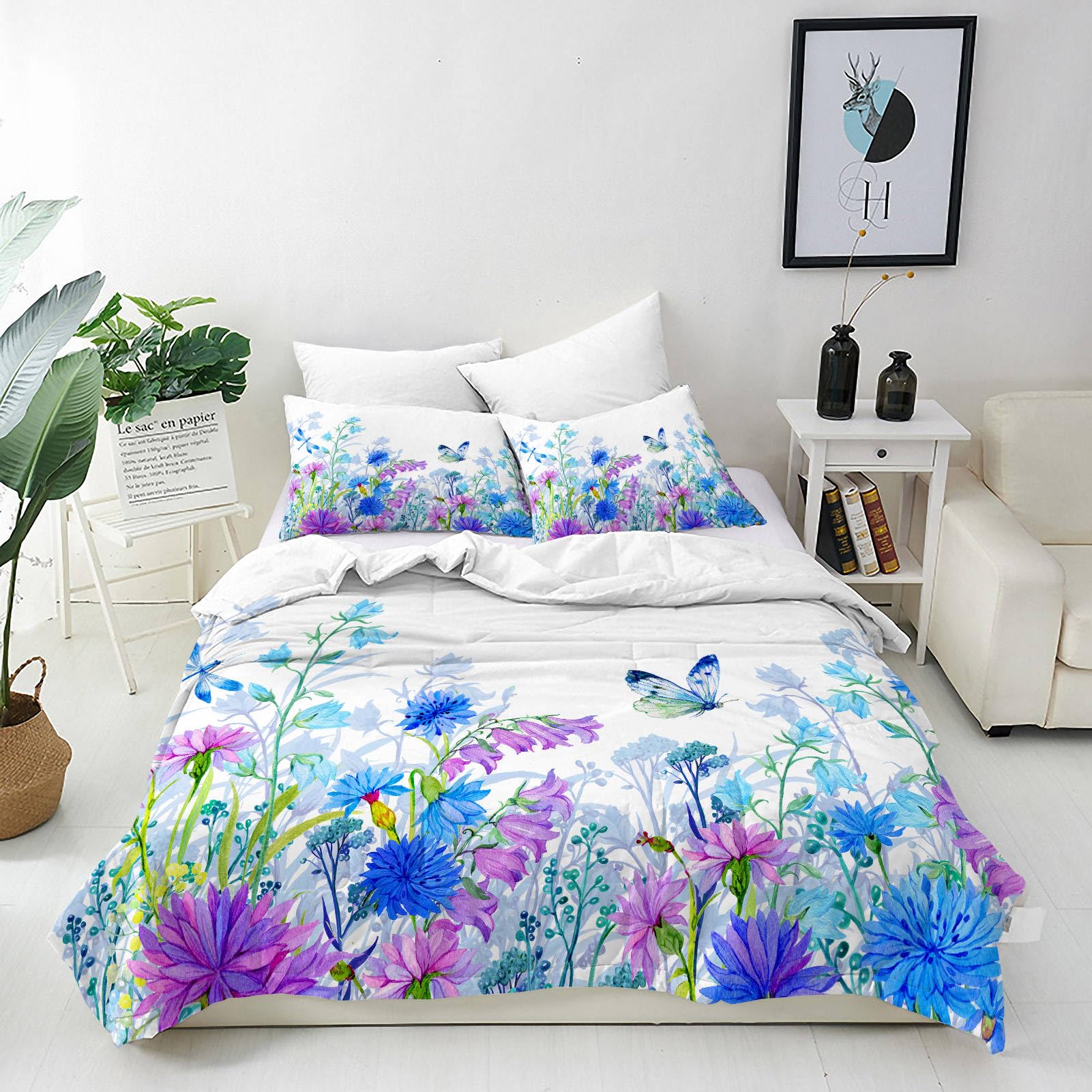 ANHOPE Floral Duvet Cover Set Soft Lightweight Microfibre 3 Piece Bedding Set including 2 Pillowcase Watercolor Flower Butterfly Dragonfly Print Pattern All Season Quilt Cover with Zipper Closure Single