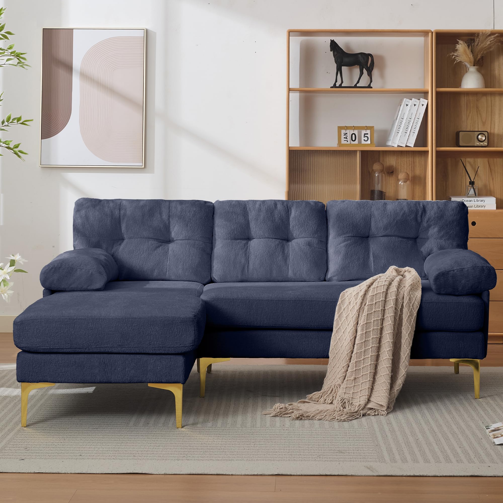 Divano angolare modulare a forma di L, 187 cm, con funzione letto, in morbida ciniglia e piedini in metallo, comodo divano con seduta profonda, per soggiorno e camera da letto, blu