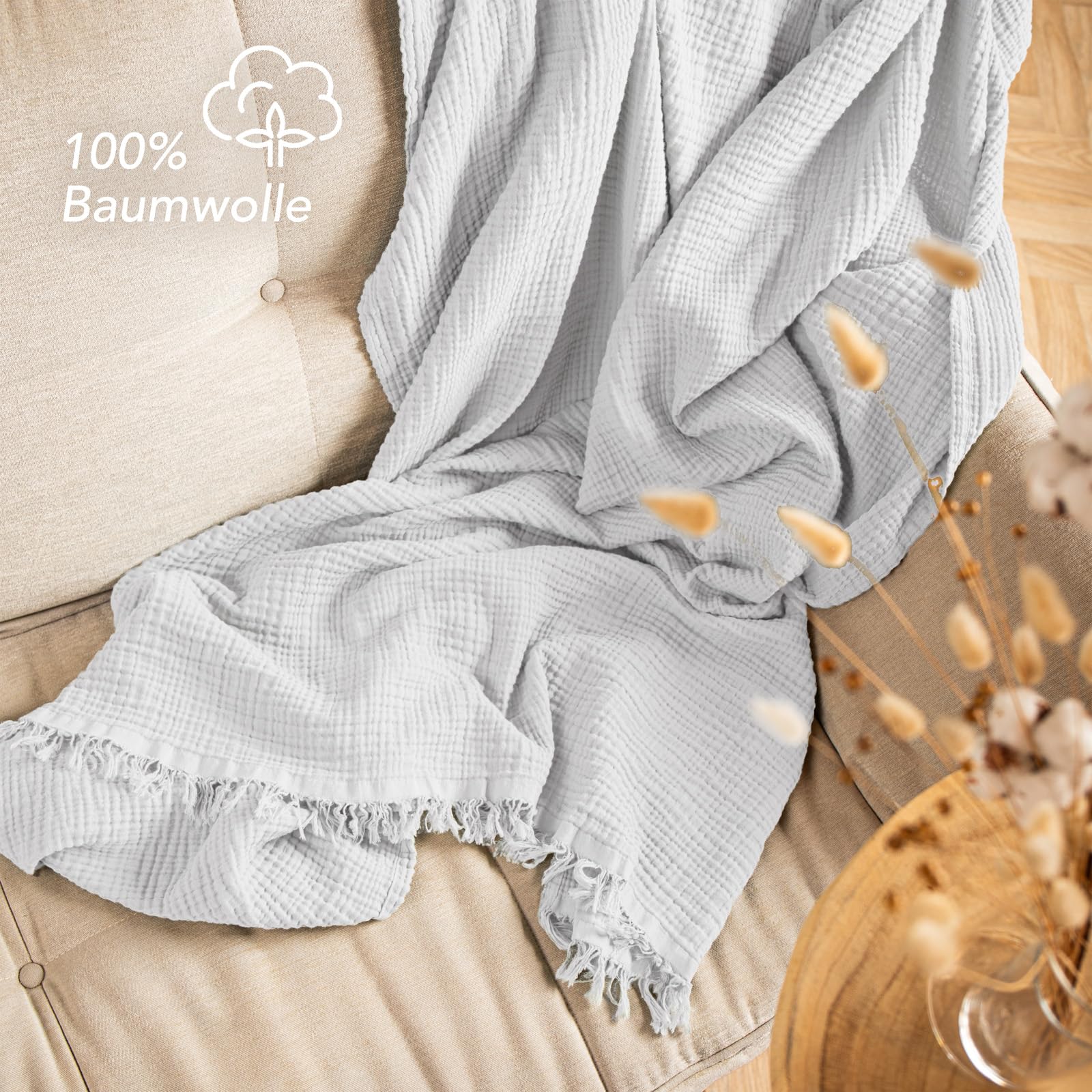 Musselin Decke 150x200 cm Oeko-Tex 100% Baumwolle Kuscheldecke Weiß