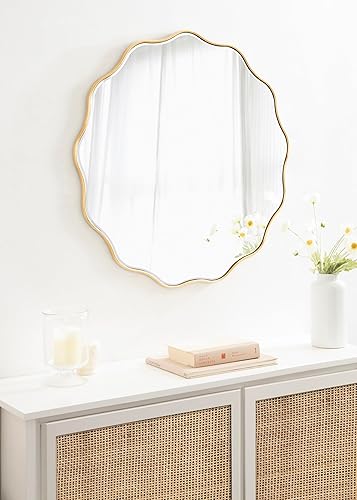 Miniatura 3 de Kate and Laurel Viona - Espejo redondo festoneado moderno, 32 pulgadas de diámetro, dorado, espejo de pared circular decorativo con borde ondulado