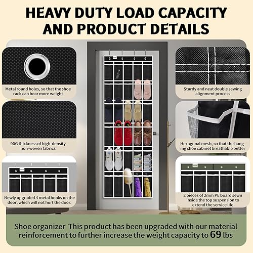 Miniatura 3 de PAULONE Organizador de zapatos para colocar sobre la puerta, 30 bolsillos grandes de malla transpirable de varios tamaños, bolsillos grandes de