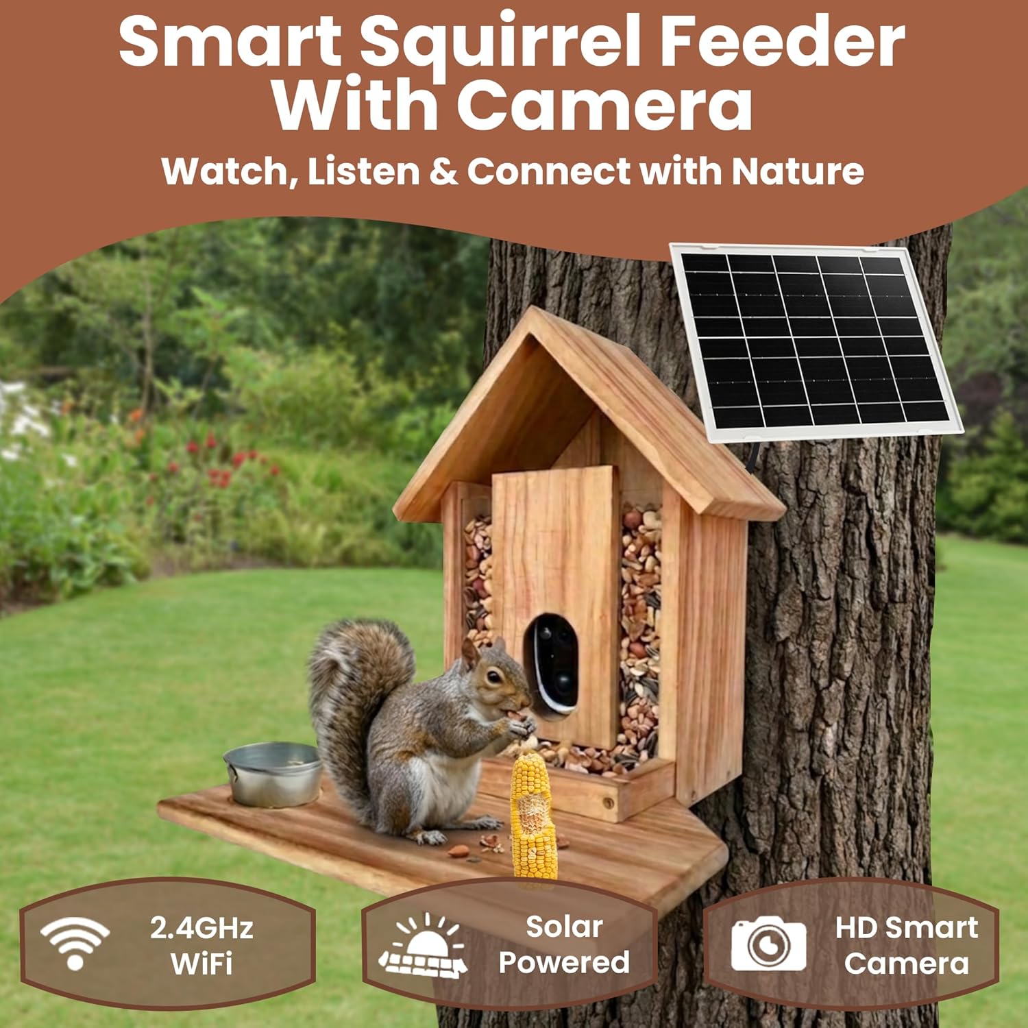 Squirrel Feeder with Camera - Includes Solar Powered Panel - Burned Pine Squirrel House with Anti-Chew Cable Protector - Smart Squirrel Feeder 160° HD Night Vision - 2.4Ghz WiFi Squirrel Camera