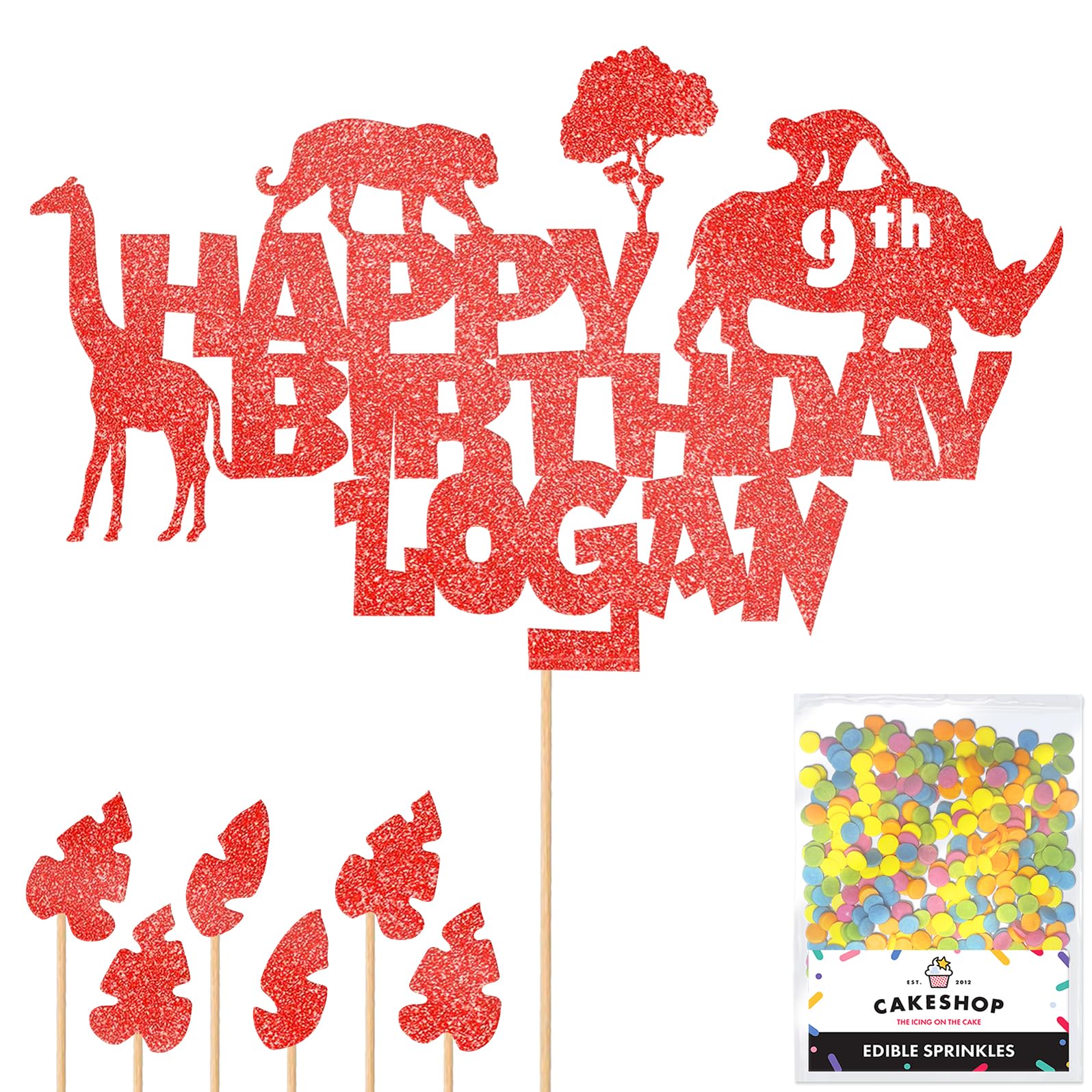 Personalised Jungle Animals Glitter Cake Topper- Red Any Custom Age & Name Glitter Cake Decoration and Sprinkles - Happy Birthday Decorations - Personalised Toppers for Cakes by Cakeshop โ image 1
