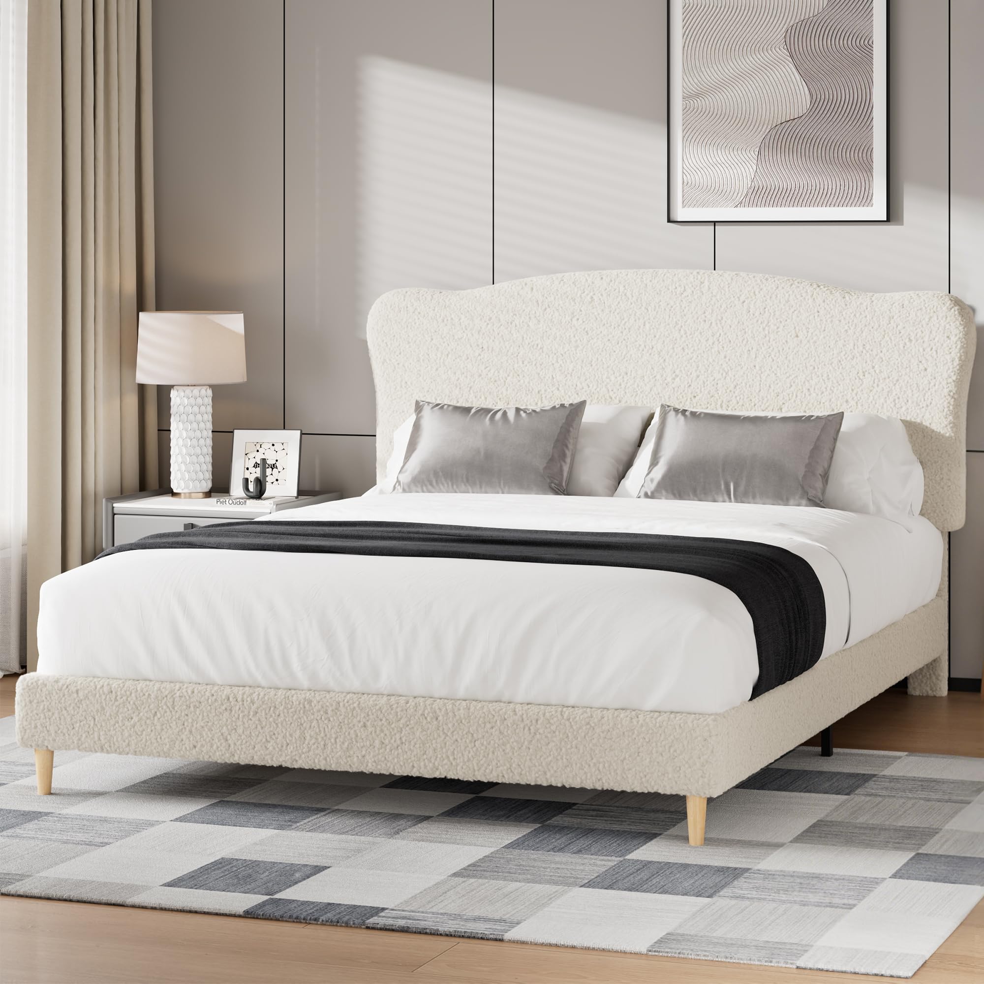 GarveeHome Queen Size Bed Frame with Upholstered Headboard, Soft Low Profile Sturdy Platform Bed with Rounded Corners Design, Heavy Duty, Wooden Slats
