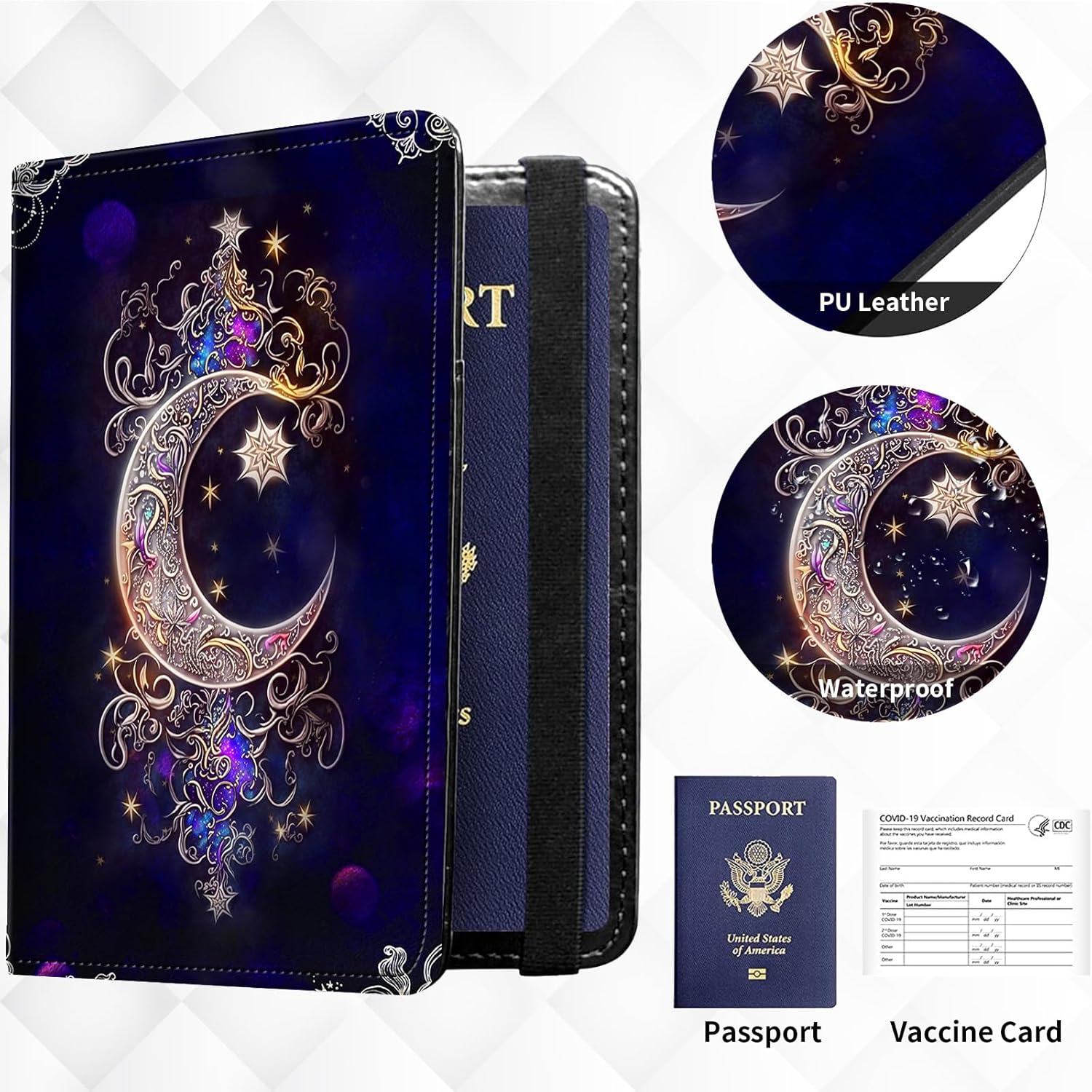 BETIWAD Passport and Vaccine Card Sleeve Combo with CDC Vaccine Card Slot and Credit Card Holder, Travel Document Organizer and RFID Blocking Leather protective Cover-Moon Star Galaxy Floral