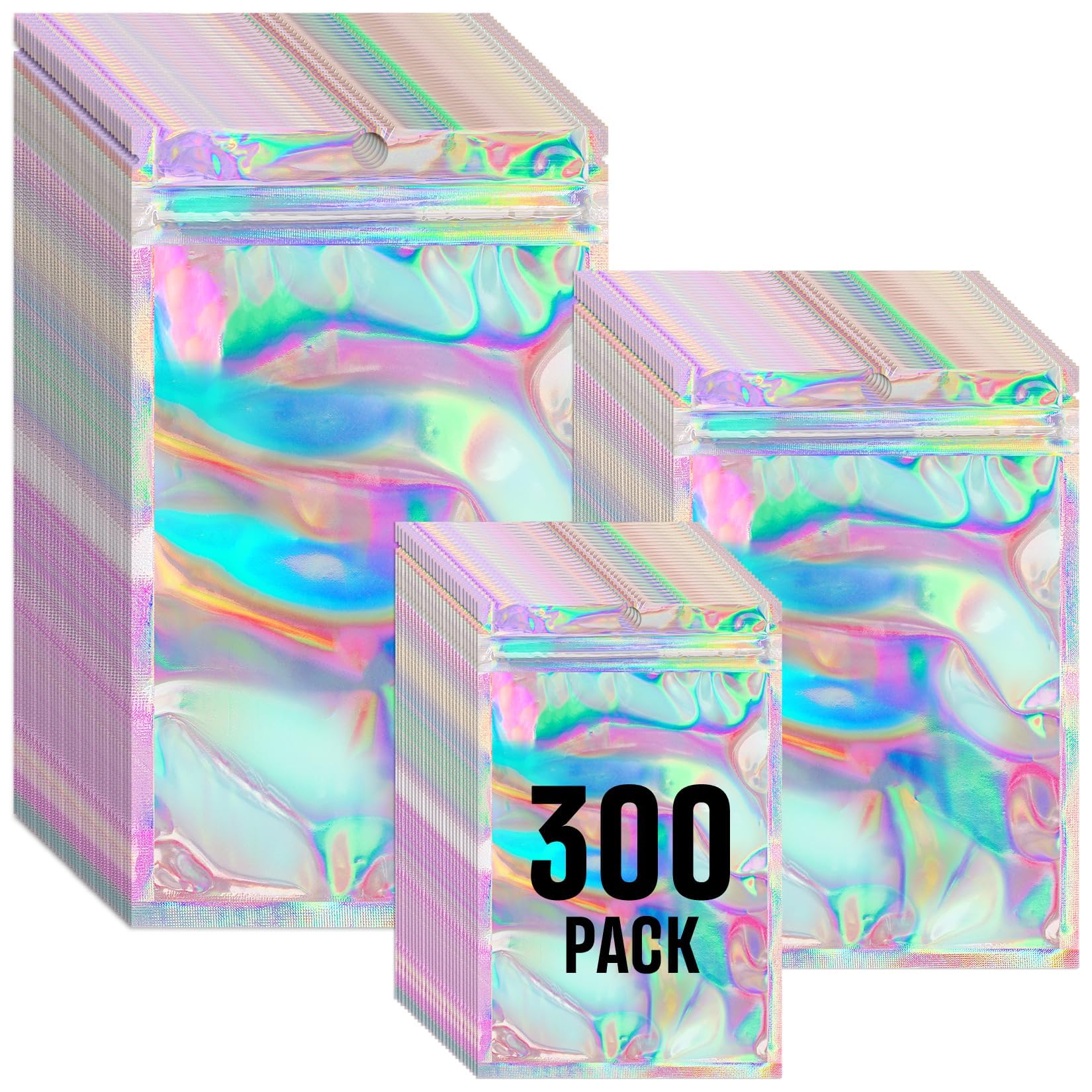 Funfery 300 Pack 3 Size Holographic Mylar Holographic Bags for Food Storage