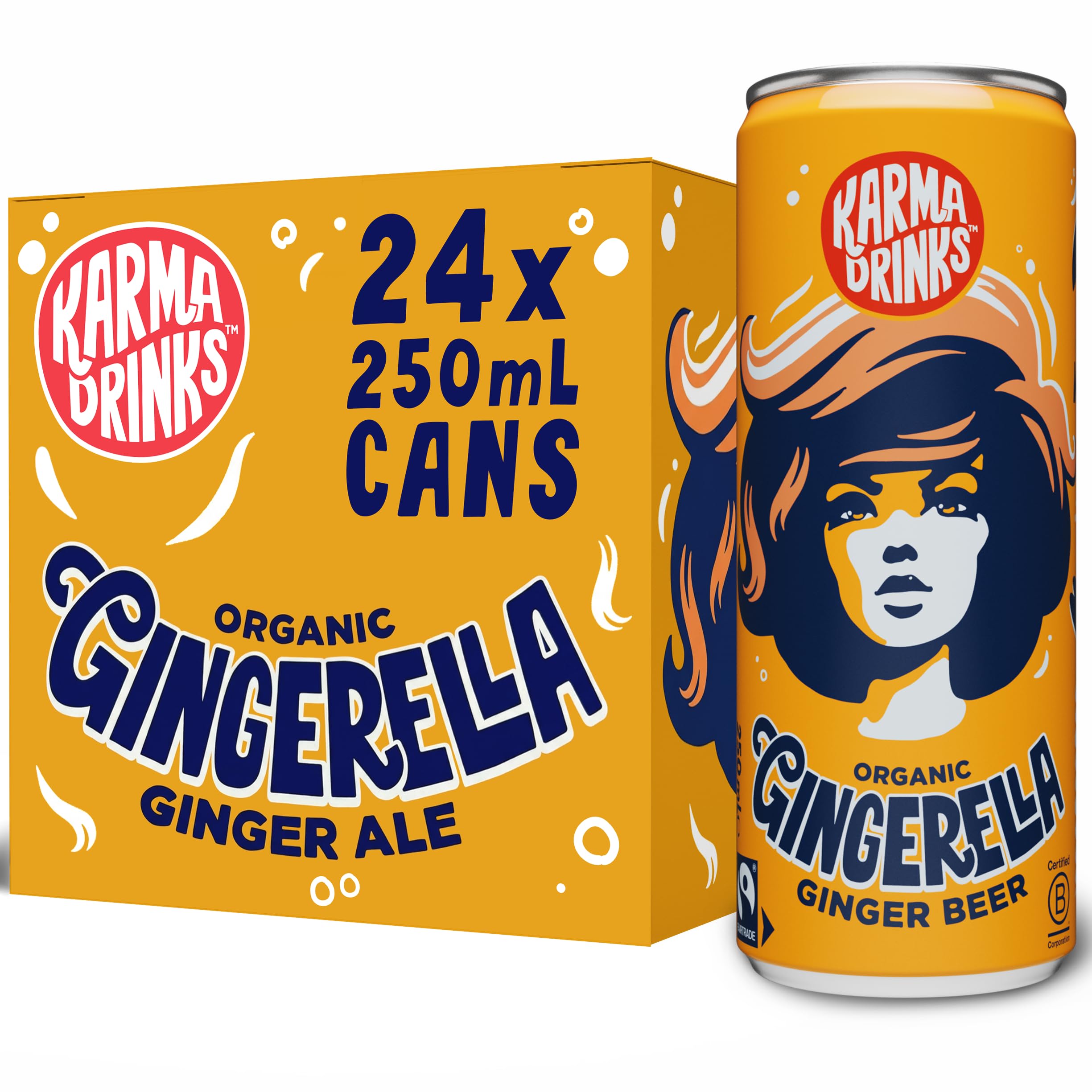 Karma Drinks Gingerella Ginger Ale Fizzy Soft Drink, 24 x 250ml Cans