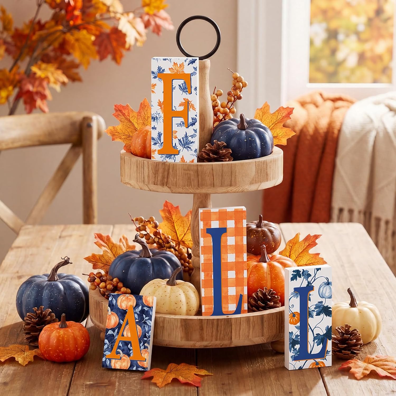 RattanView 4 Pcs Blue Orange Fall Wooden Letters Decor Rustic Farmhouse Thanksgiving Table Signs with Pumpkin Maple Leaf Plaid Vintage Autumn Block Set for Home Mantel Shelf Tiered Tray