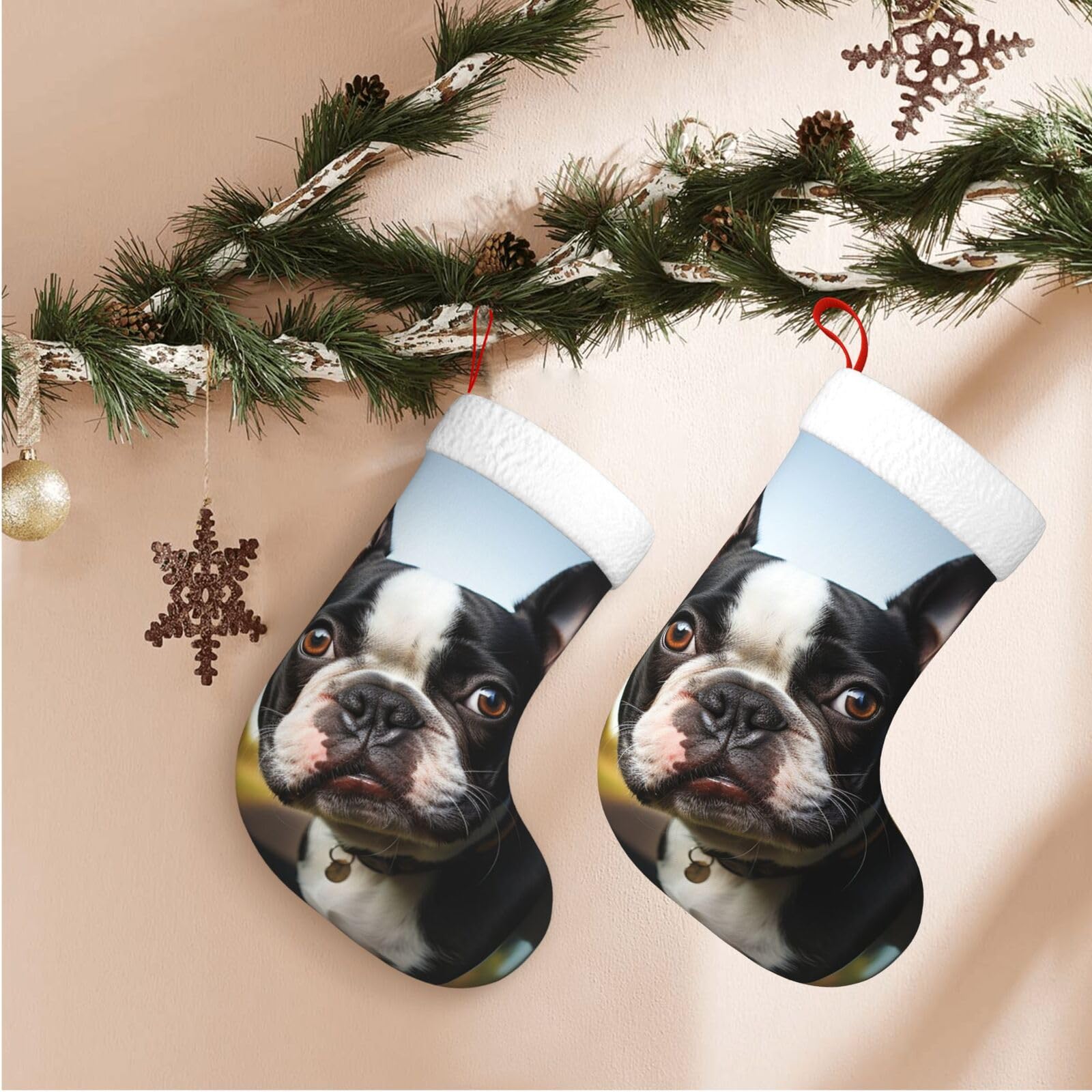 Fodpand Boys Black Puppy Dog Boston Terrier Christmas Stockings Hanging Ornaments For Holiday Decor, 18 Inches Velvet Xmas Stocking With White Plush Cuff, Candy Gift Bags For Christmas Decorations