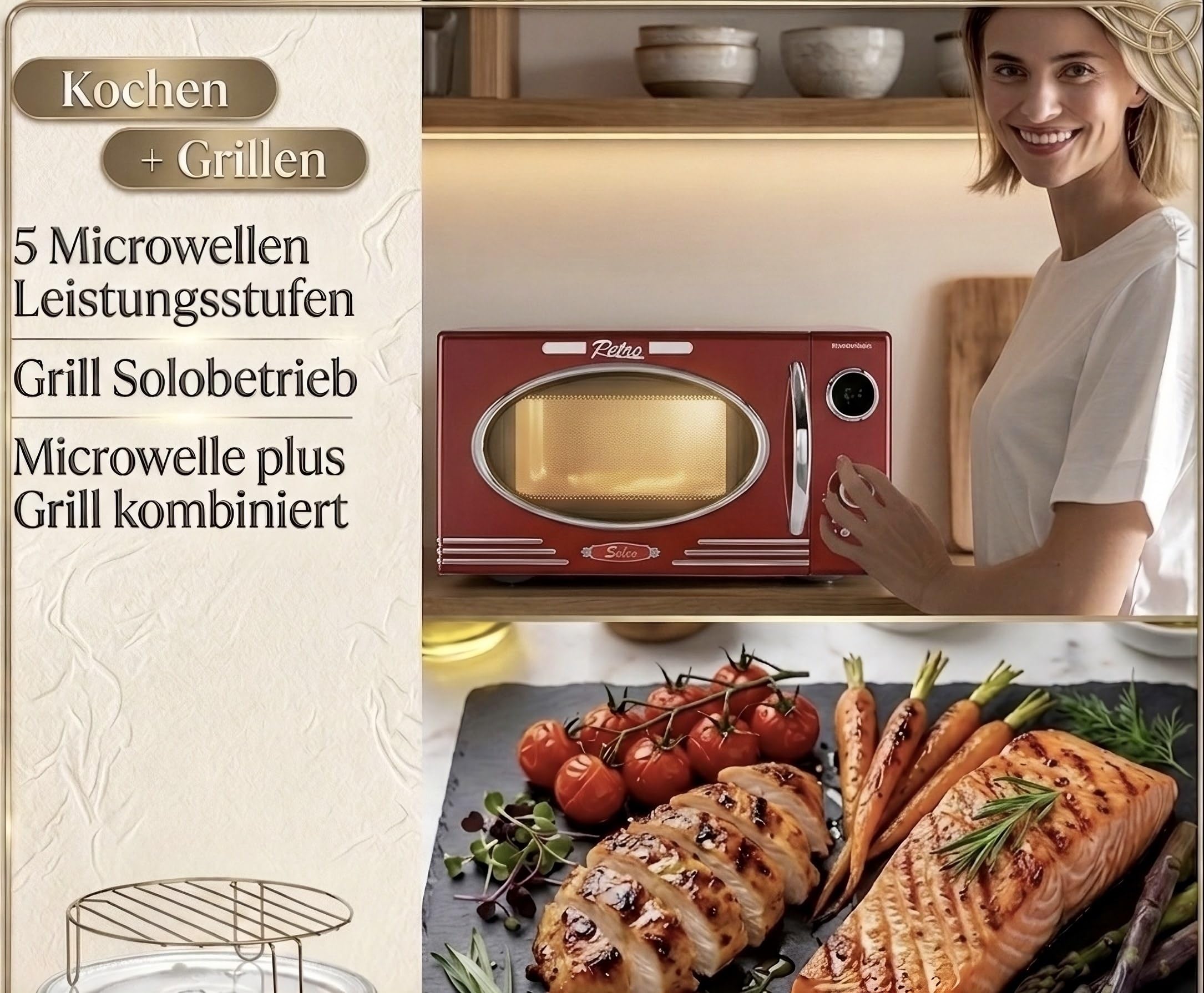 Salco Mikrowelle 2 in 1 – Retro-Style mit Grillfunktion - 23 l Garraum, metallic-rot, 900 W - 12 Funktionen inkl. Auftauen, Grillen & Wärmen, Express-Funktion - inkl. Drehteller & Grillaufsatz